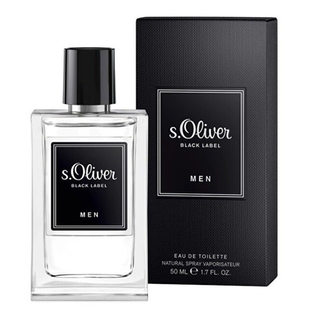 Flakon und Verpackung von s.Oliver Black Label Uomo. Schwarzes Etikett mit weißer Schrift. Eau de Toilette.