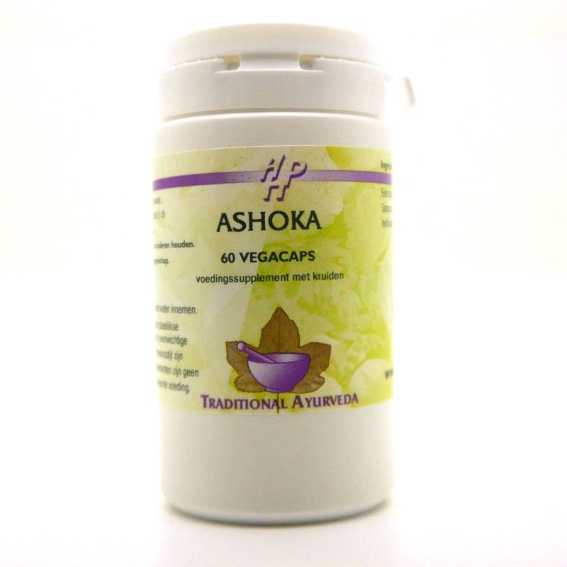 Weiße Dose mit Aufschrift "Ashoka", 60 Vegacaps. Traditionelle Ayurveda-Formel. Logo mit Blatt und Schale.