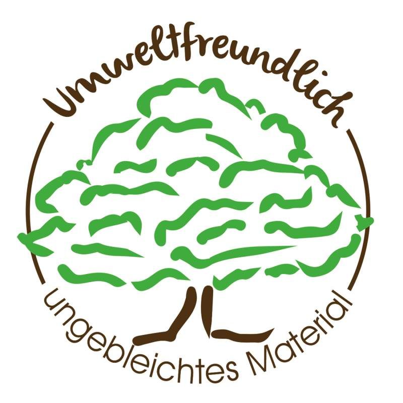 Logo mit Baum und Schriftzug: Umweltfreundlich, ungebleichtes Material.