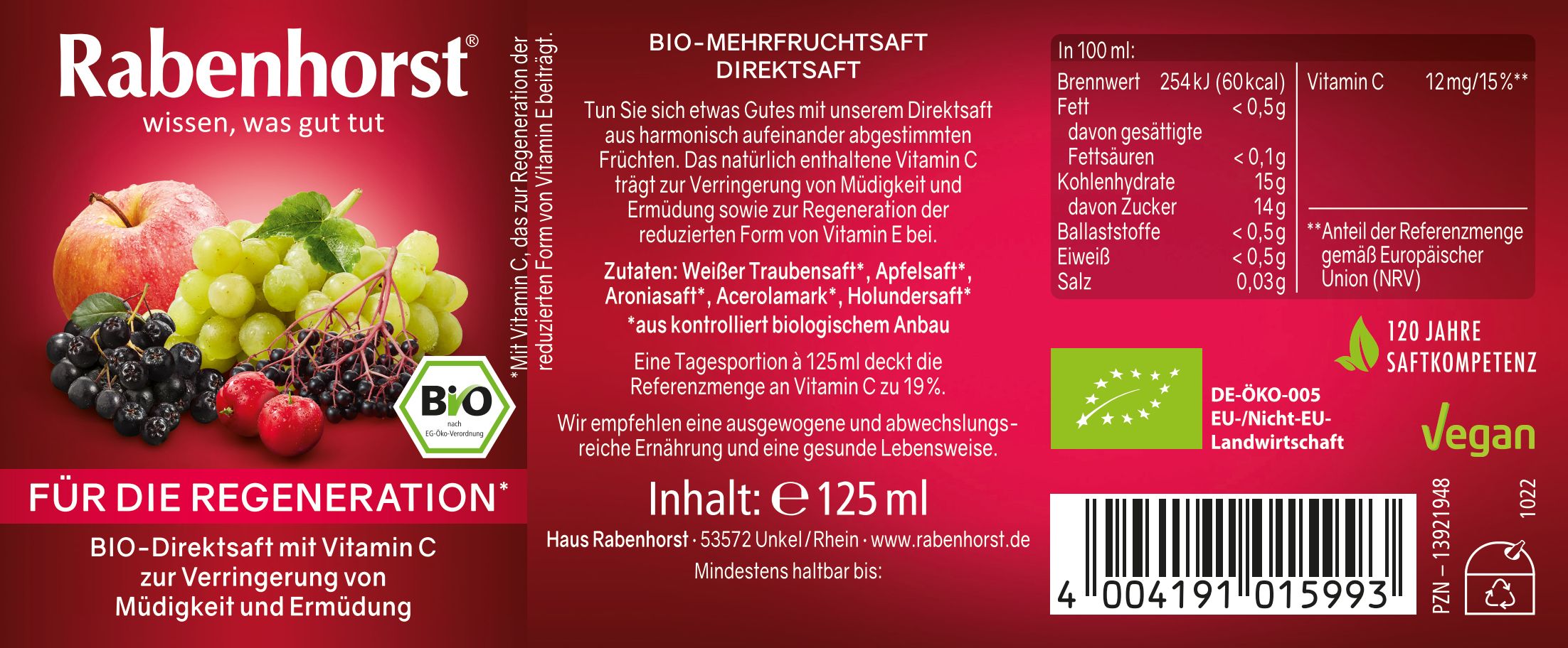 Etikett Rabenhorst Für die Regeneration BIO Mini. Text, Illustrationen von Früchten, Bio-Siegel, Nährwertangaben, 125 ml.