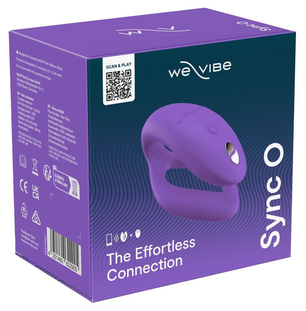 Lila Verpackung mit Produkt. We-Vibe Sync O. Aufdrucke: Scan & Play, The Effortless Connection. Vibrator in Lila.