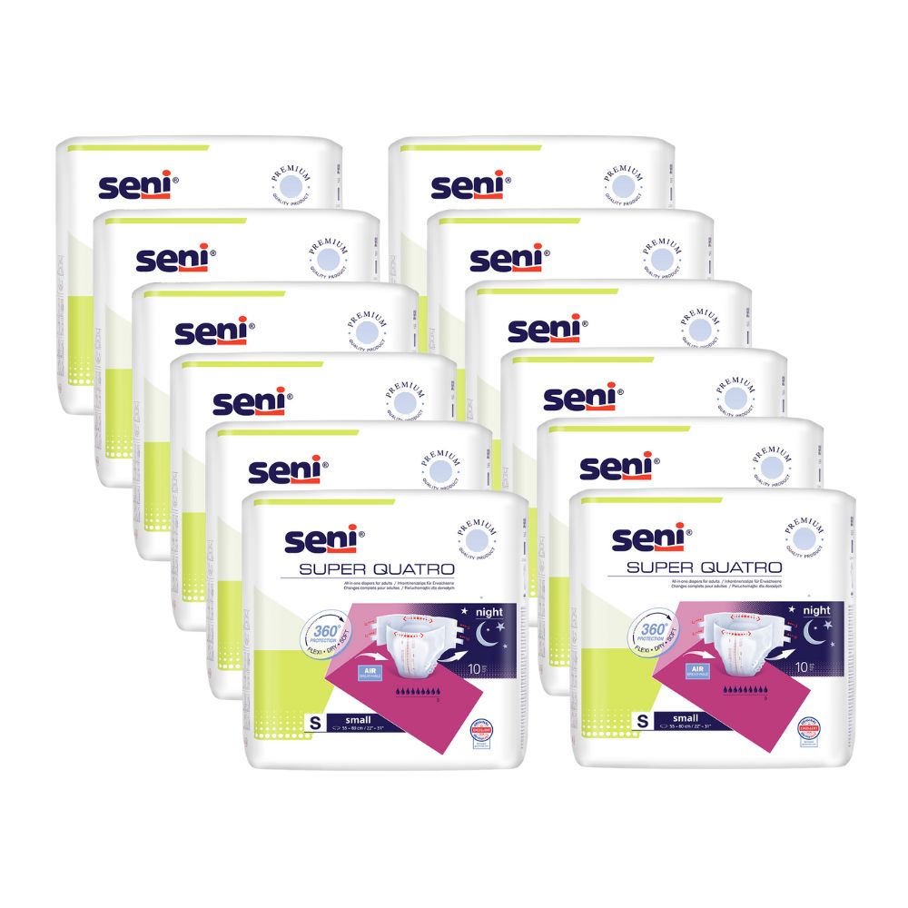 Mehrere Packungen Super Seni Quatro, weiß mit Logo und Produktinformationen. Größe S, Nacht-Version.