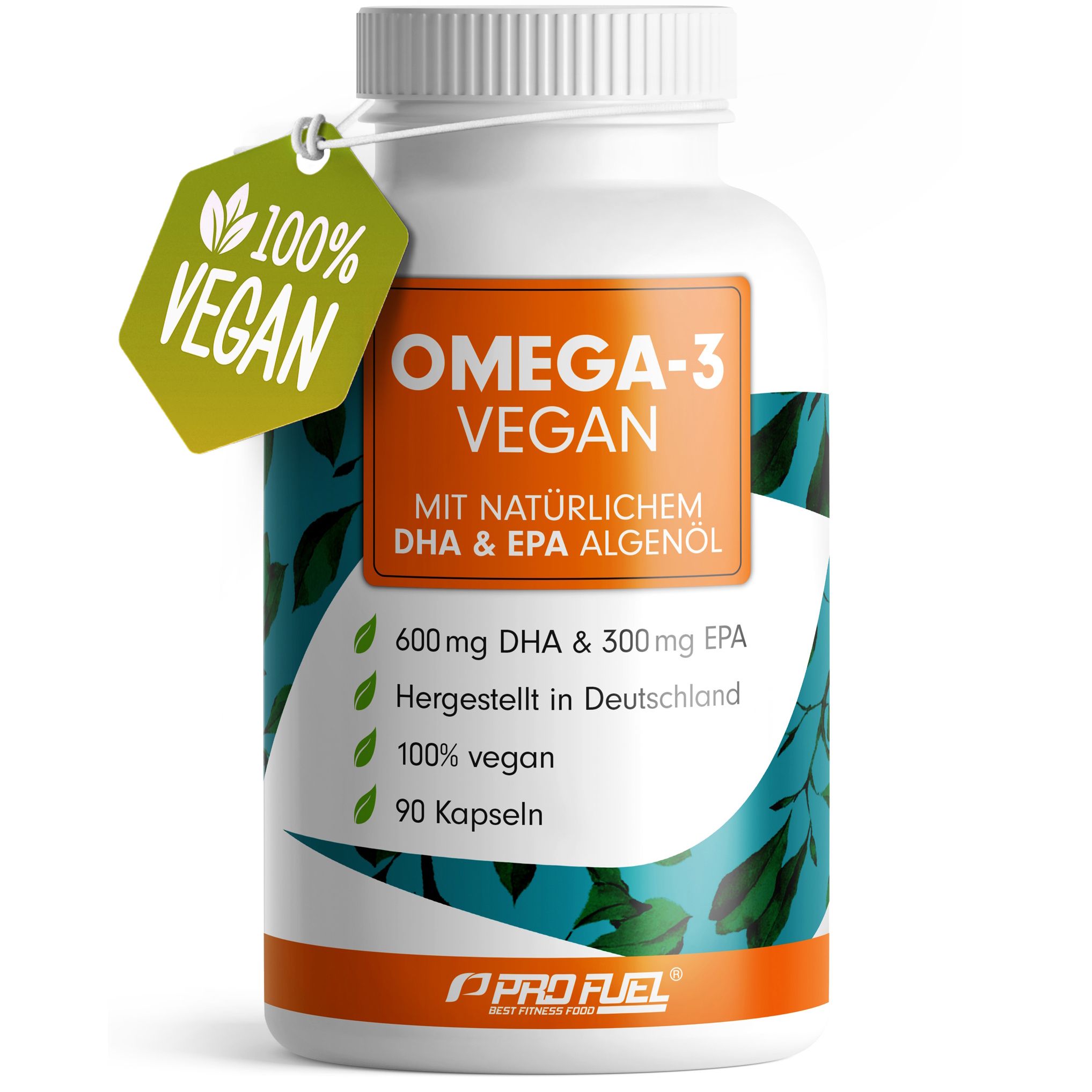 Weiße Flasche mit "OMEGA-3 Vegan". 90 Kapseln. Mit DHA & EPA. Grünes Label "100% Vegan".