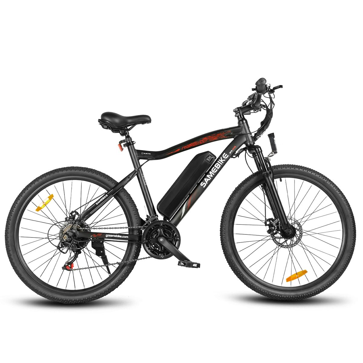 Schwarzes E-Bike SAMEBIKE. Rote Akzente. Shimano 21 Gänge. Seitenansicht.
