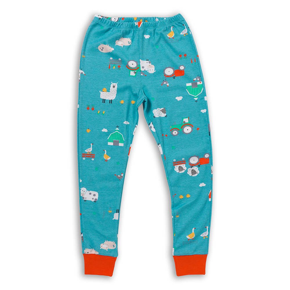Blaue Hose mit Bauernhof-Motiv. Orangefarbene Bündchen. Größe 140.