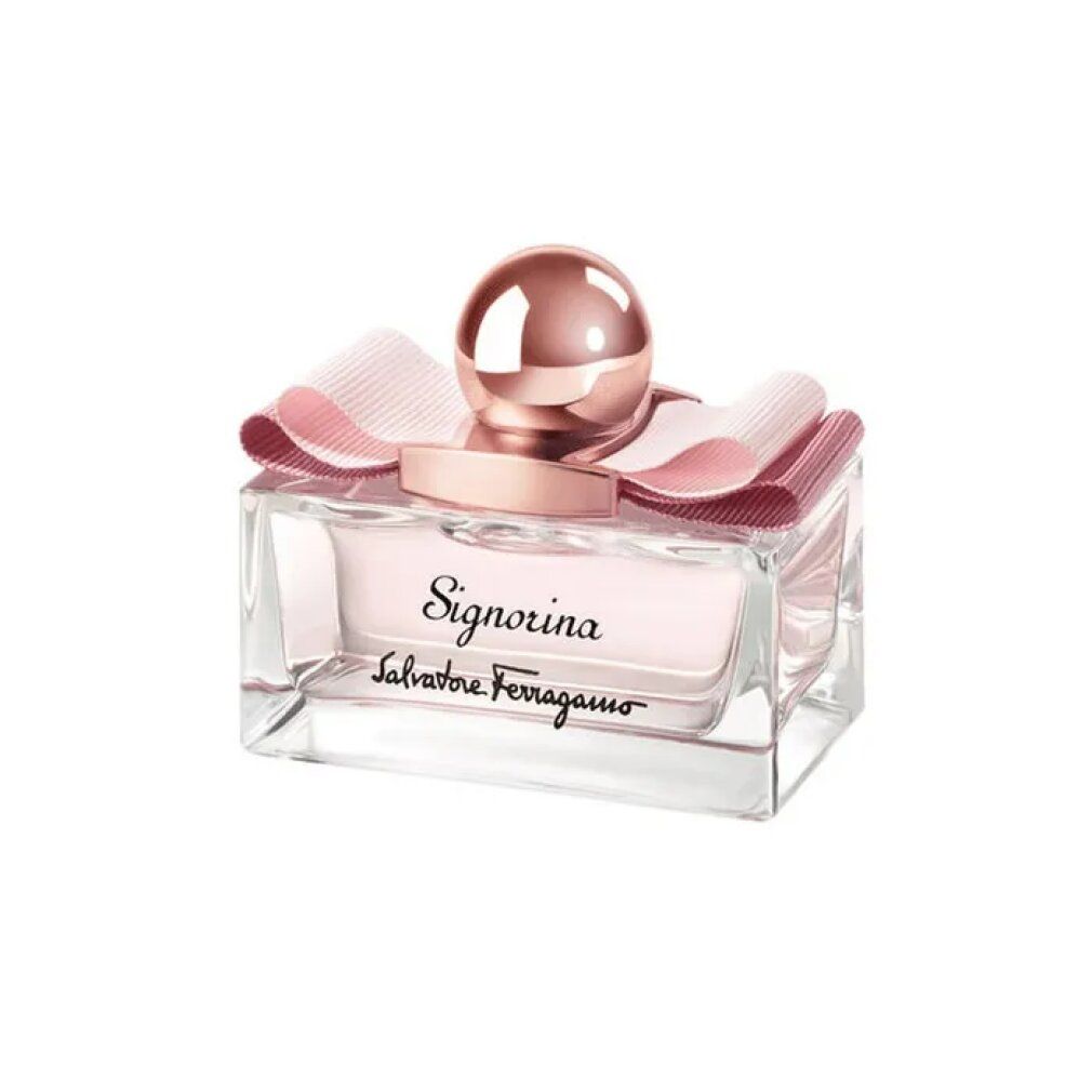 Signorina Eau de Parfum Spray. Rechteckiger Glasflakon mit rosa Flüssigkeit, rosa Schleife und goldfarbenem Verschluss. Salvatore Ferragamo.