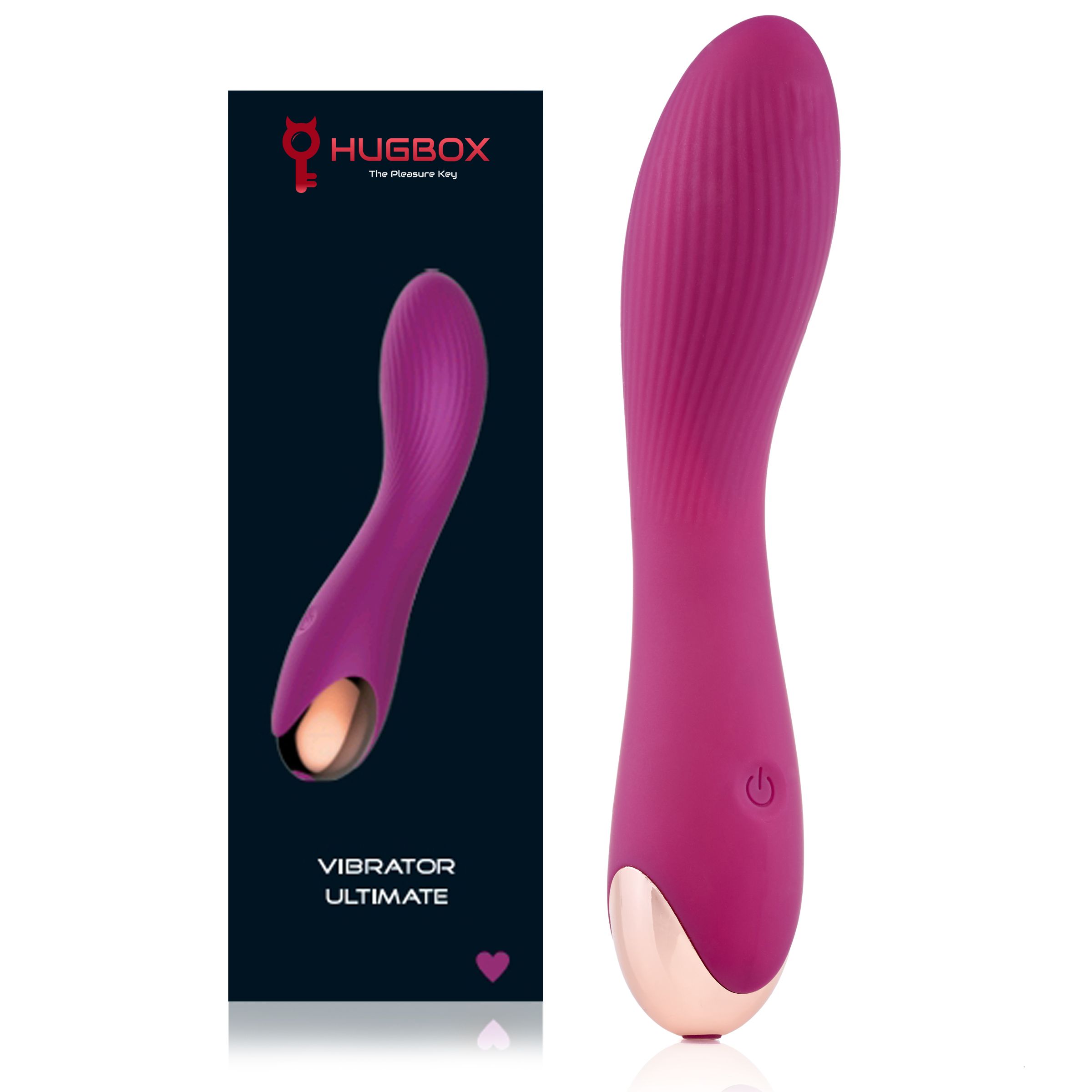 Magenta Vibrator neben Verpackung. Verpackung mit Produktabbildung und Text: VIBRATOR ULTIMATE. Aufschrift: HUGBOX The Pleasure Key.