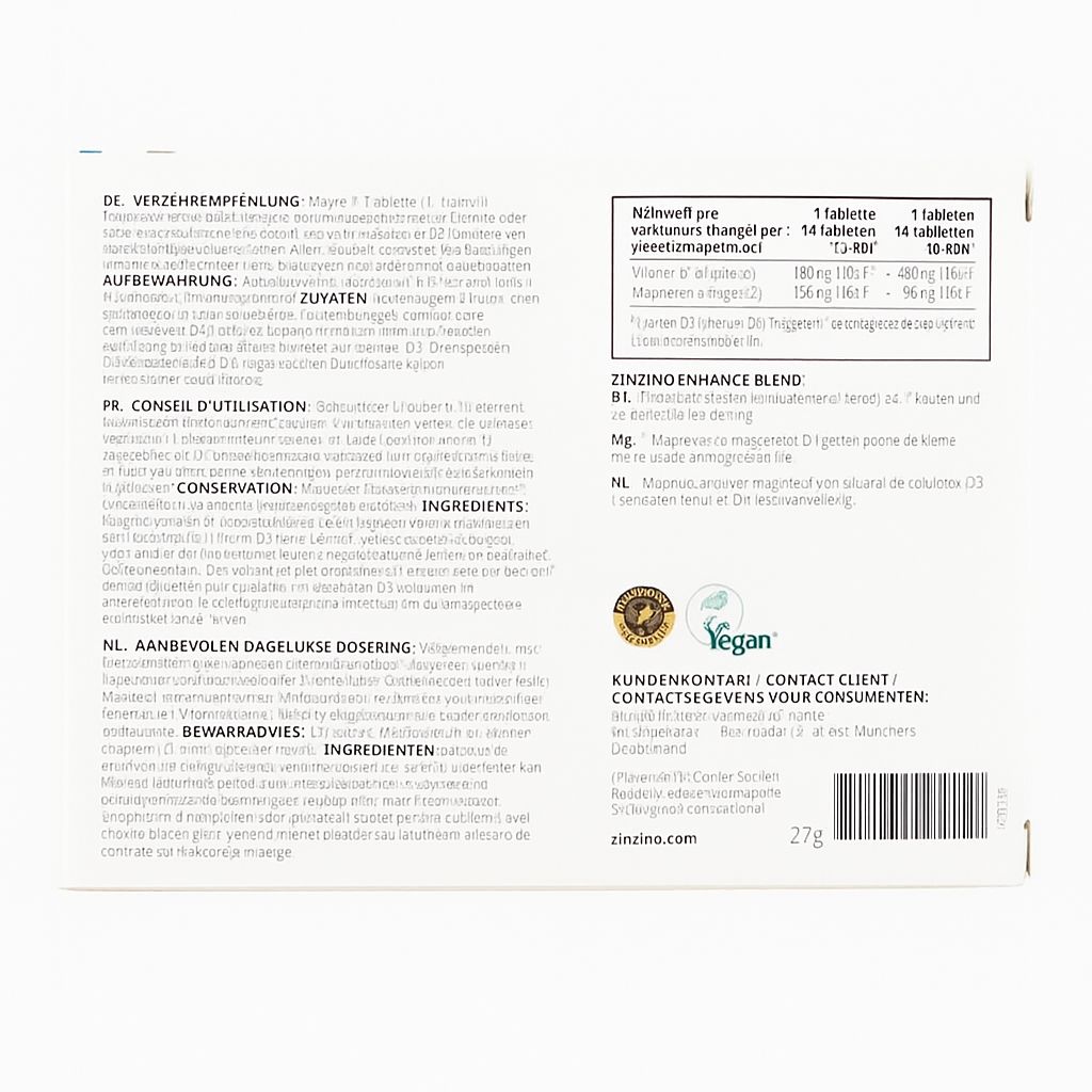 Rückseite der "Zinzino ZinoShine+" Verpackung. Enthält Informationen zu Inhaltsstoffen und Dosierung. Vegan-Siegel.
