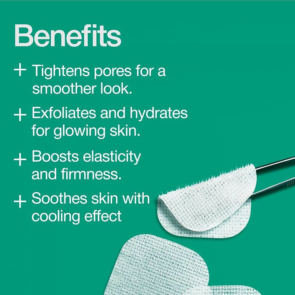Text auf grünem Hintergrund: Vorteile. Vier Punkte: Poren straffen, Peeling, Elastizität, beruhigende Wirkung. Pads.