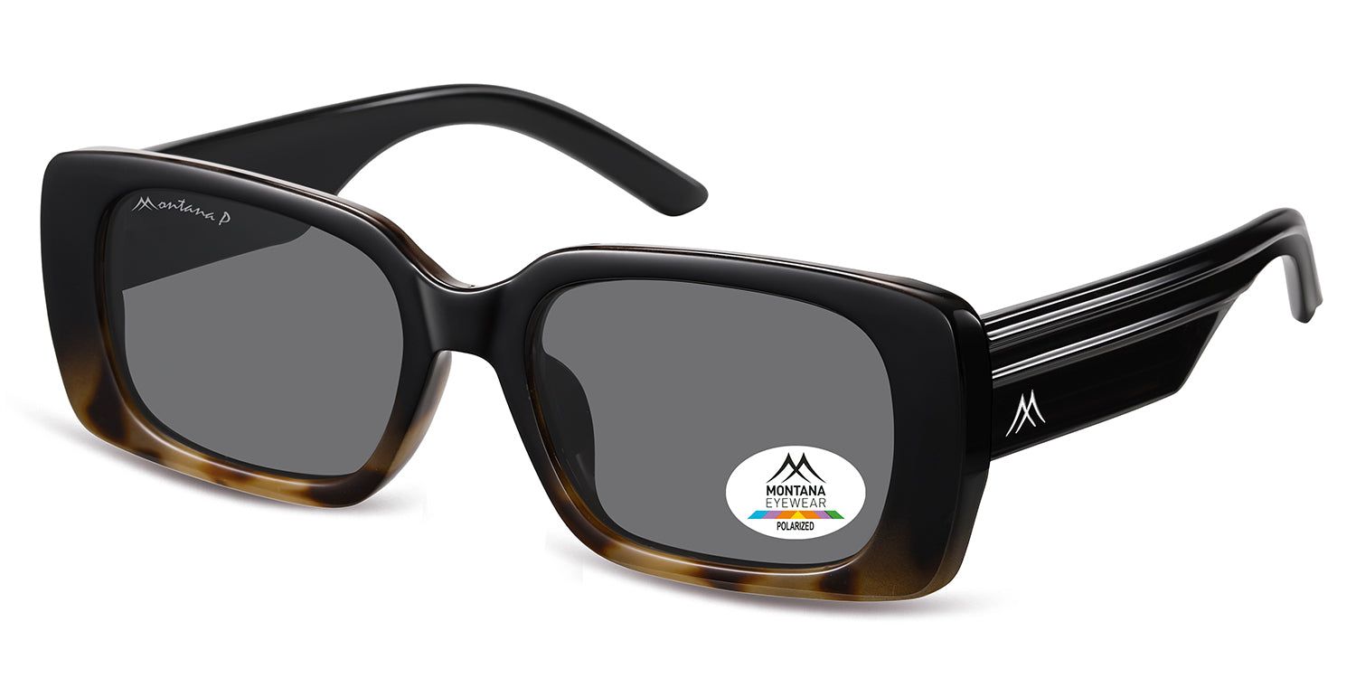 Sonnenbrille mit braunem Rahmen und grauen Gläsern. Montana Eyewear Logo und Polarized-Aufkleber.