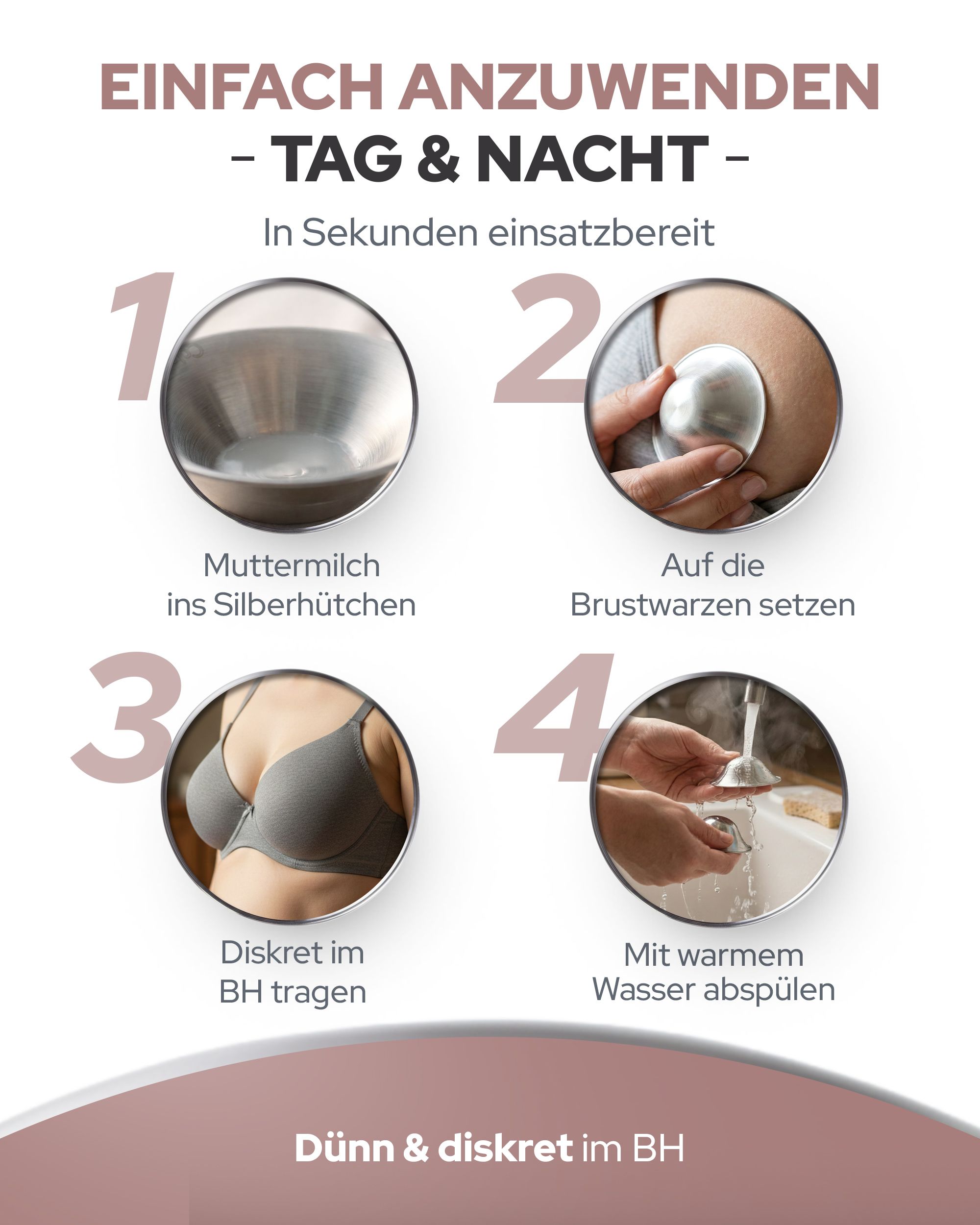 Anwendung der Silberhütchen. Schritte: Muttermilch, auf Brustwarzen setzen, im BH tragen, mit Wasser abspülen. Text: Einfach anzuwenden - Tag & Nacht.