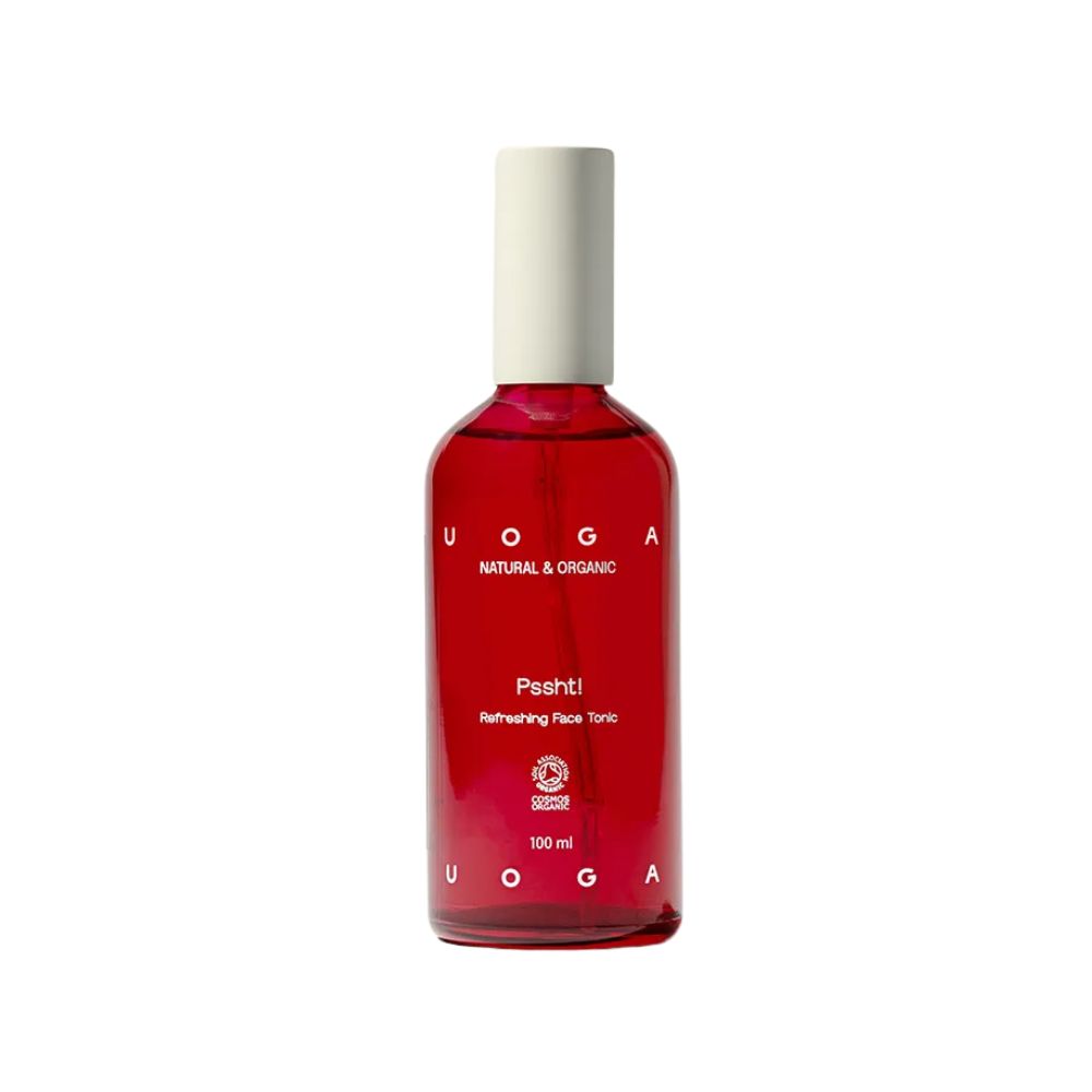 Rote Flasche mit weißem Deckel. Aufschrift: UOGA NATURAL & ORGANIC, Pssht!, Refreshing Face Tonic. 100 ml.