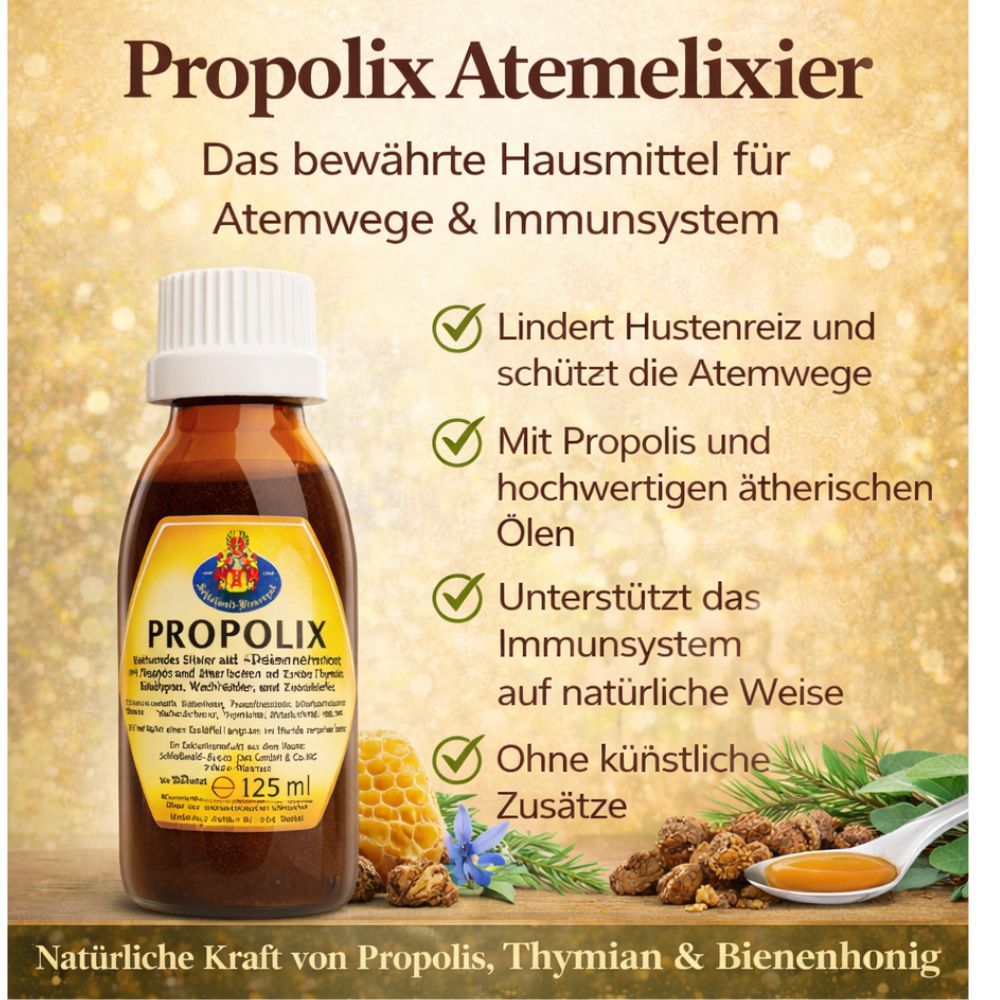 Produktflasche mit Text: Propolix Atemelixier. Vorteile: Hustenreiz lindern, Atemwege schützen, Propolis. Zusätzliche Elemente: Honigwabe, Kräuter.