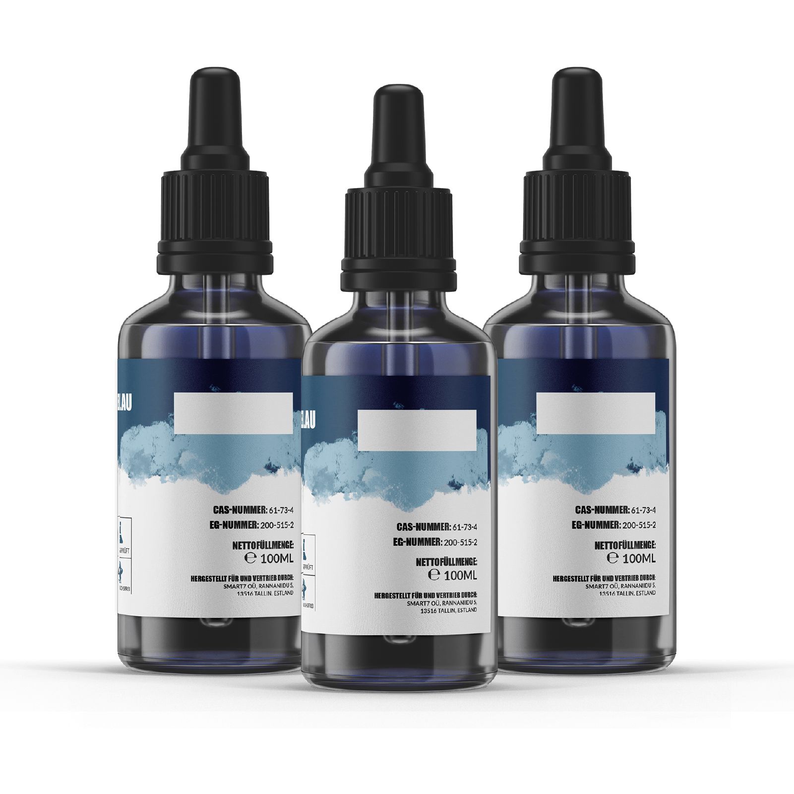 Drei Flaschen mit blauer Flüssigkeit und schwarzen Tropfverschlüssen. Etiketten mit weißem Feld und Text.
