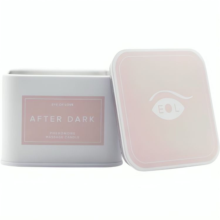 Weiße Metalldose mit rosa Etikett 'AFTER DARK' und 'PHEROMONY MASSAGE CANDLE'. Deckel mit EOL-Logo.