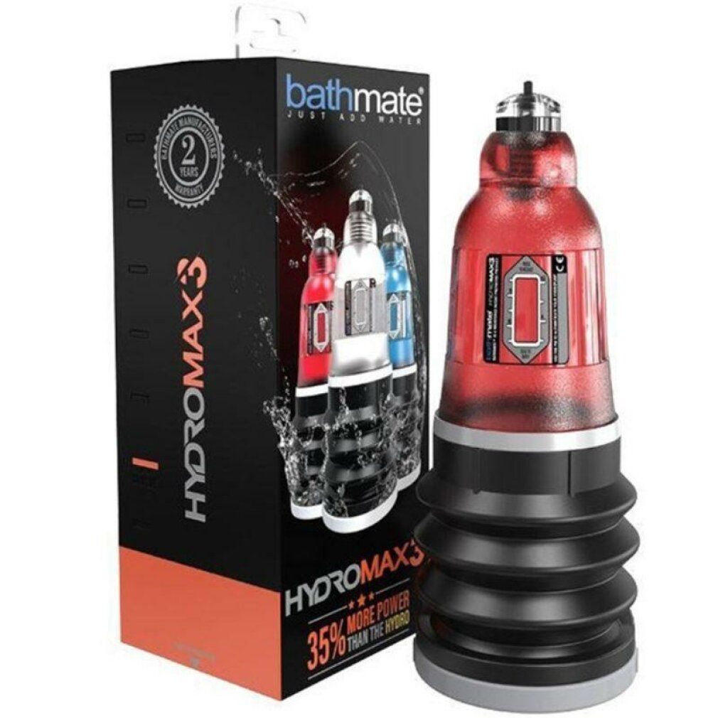 Rotes Wellness-Produkt neben Verpackung. Verpackung mit Produktabbildung und Text: Hydromax3.