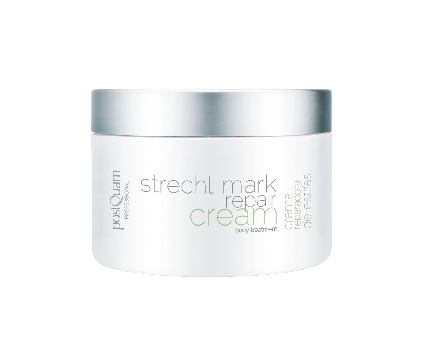 Weißer Cremetiegel mit silbernem Deckel. Aufschrift: Postquam, Strecht mark repair cream.