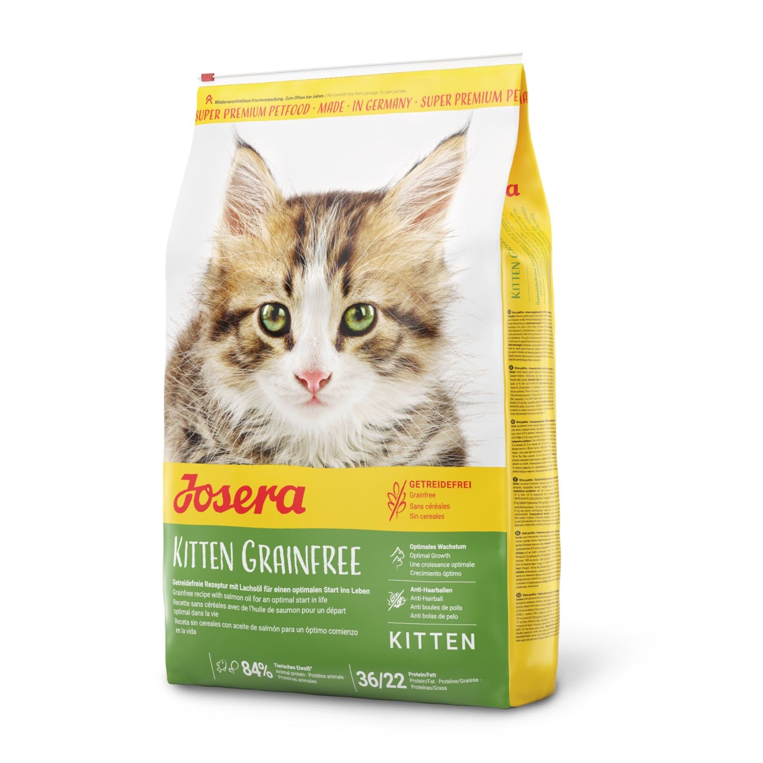 Beutel mit Josera Kitten Grainfree. Abbildung einer Katze. Text: Getreidefrei, 36/22, Kitten.