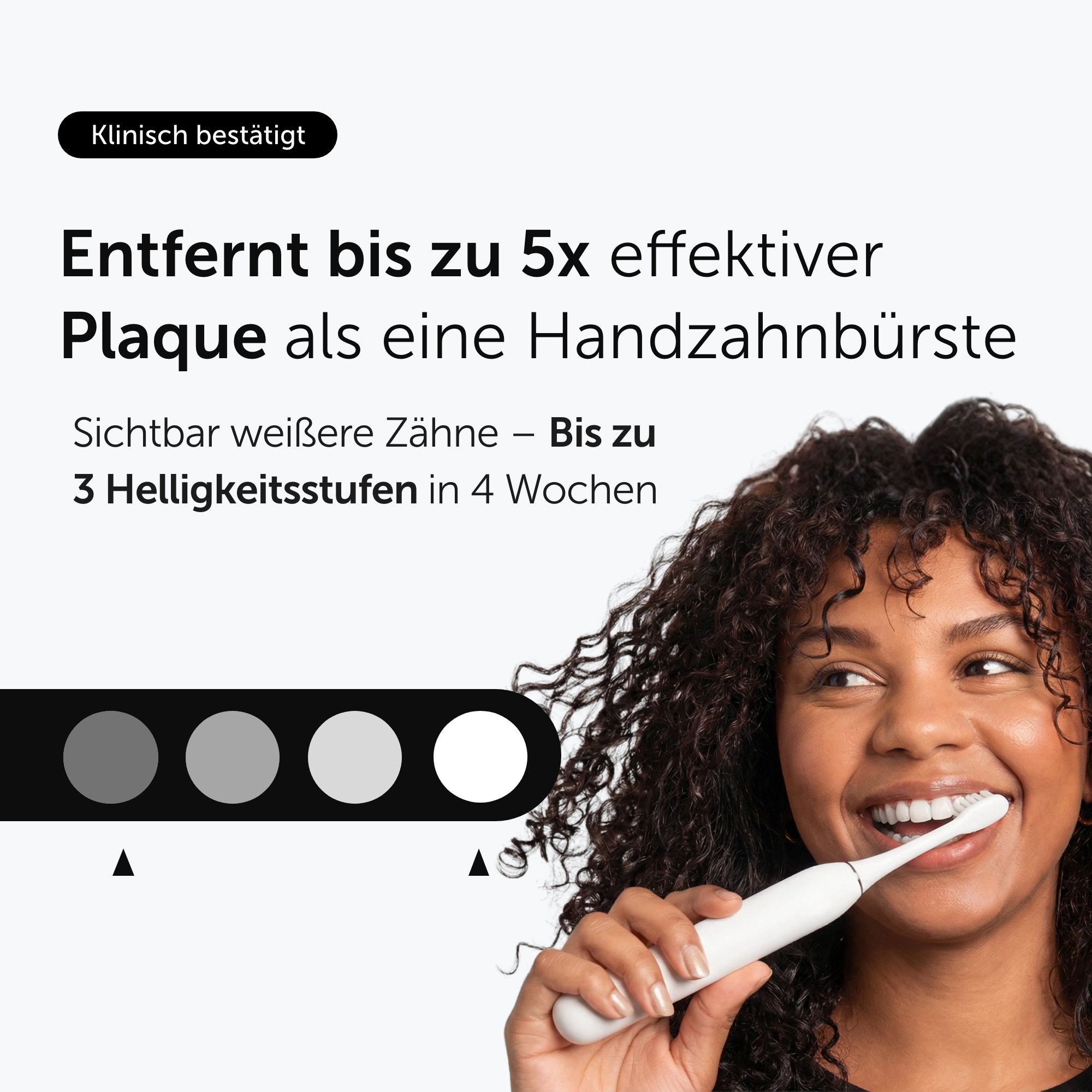 Frau mit weißer Schallzahnbürste Pro. Text: 'Entfernt bis zu 5x effektiver Plaque'.