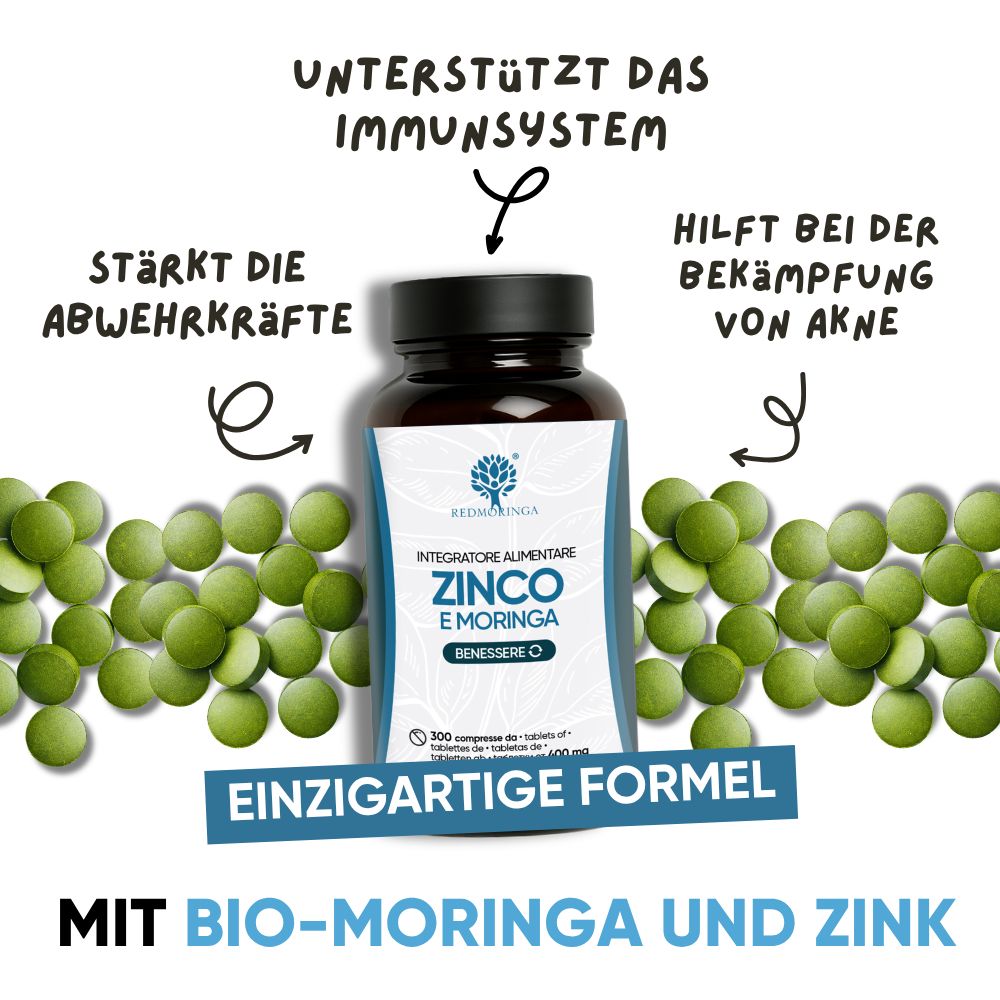 Flasche Zink und Moringa, unterstützt Immunsystem, Abwehrkräfte, hilft bei Akne.