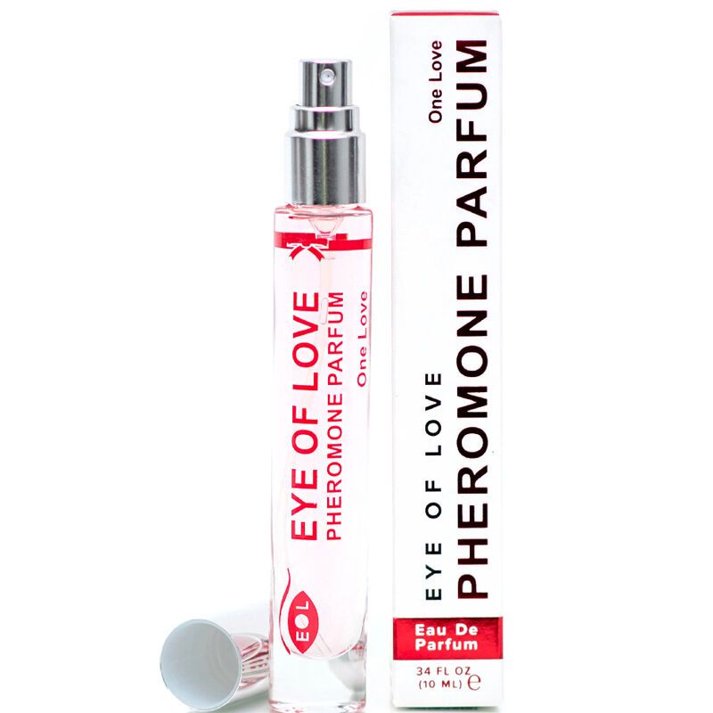 Parfümflakon mit Sprühkopf und Verpackung. Aufschrift: EYE OF LOVE PHEROMONE PARFUM. Flakon und Verpackung in Weiß und Rot.