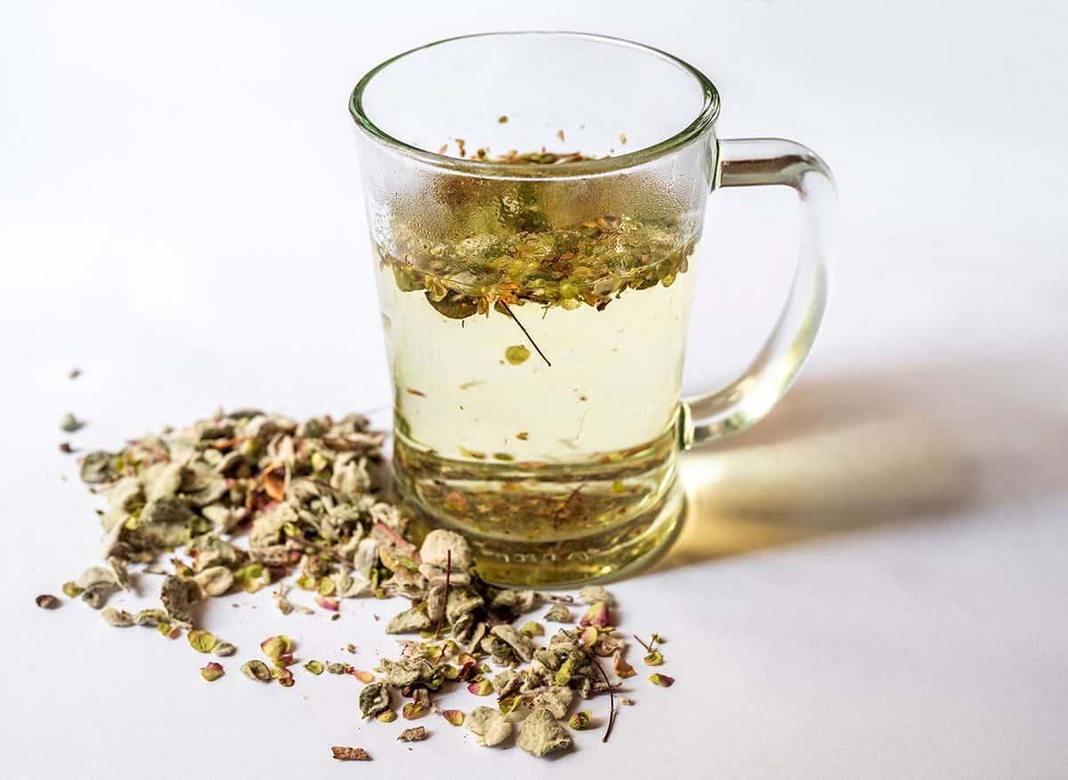 Glasbecher mit Kräutertee, daneben Kräuter. Flüssigkeit gelblich. Auf weißem Hintergrund.