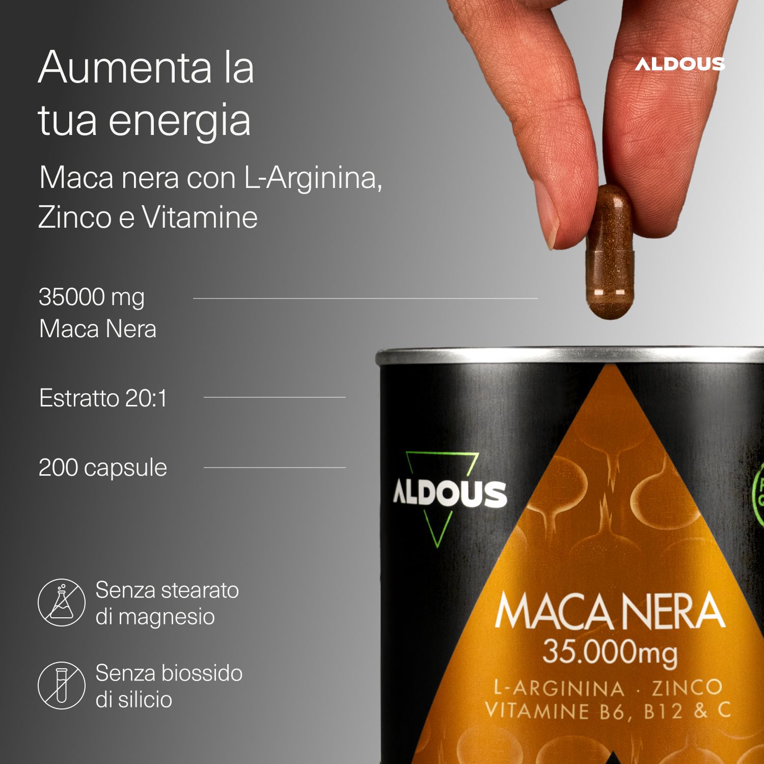Aldous Maca Nera Dose mit 200 Kapseln. 35.000mg Maca Nera, Extrakt 20:1. Ohne Magnesiumstearat, ohne Siliciumdioxid.