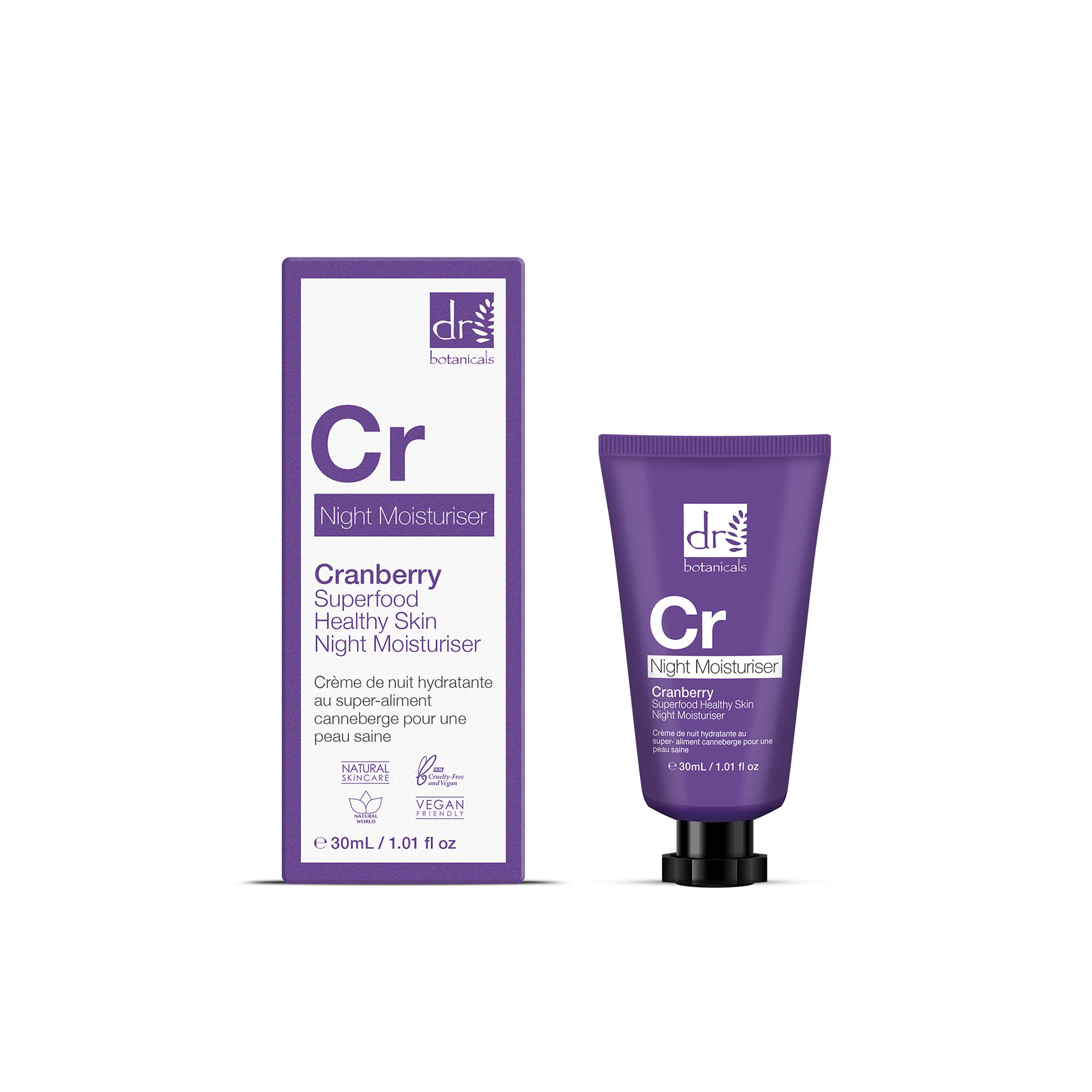 Lila Tube und Schachtel mit Produktaufschrift. "Cr Night Moisturiser" und "Cranberry Superfood Healthy Skin Night Moisturiser".