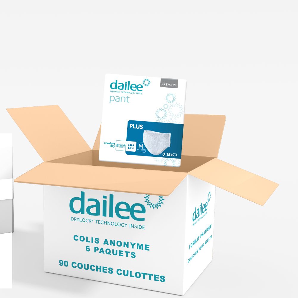 Boîte ouverte avec paquet Dailee Pants Plus. 90 Pants. Emballage anonyme.