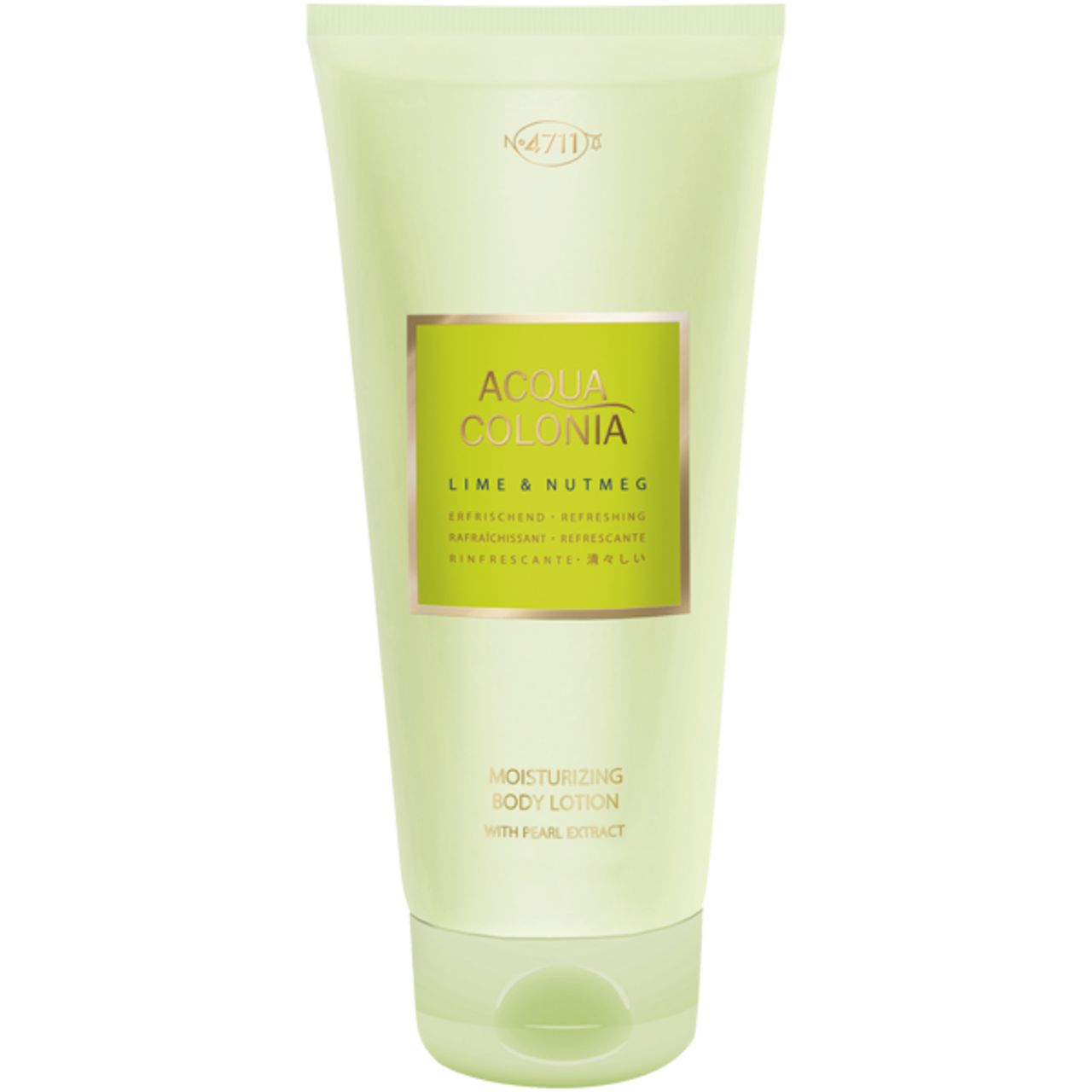 Hellgrüne Tube mit Produktinformationen. Aufschrift: Acqua Colonia Lime & Nutmeg, Feuchtigkeitsspendende Body Lotion mit Perlenextrakt.