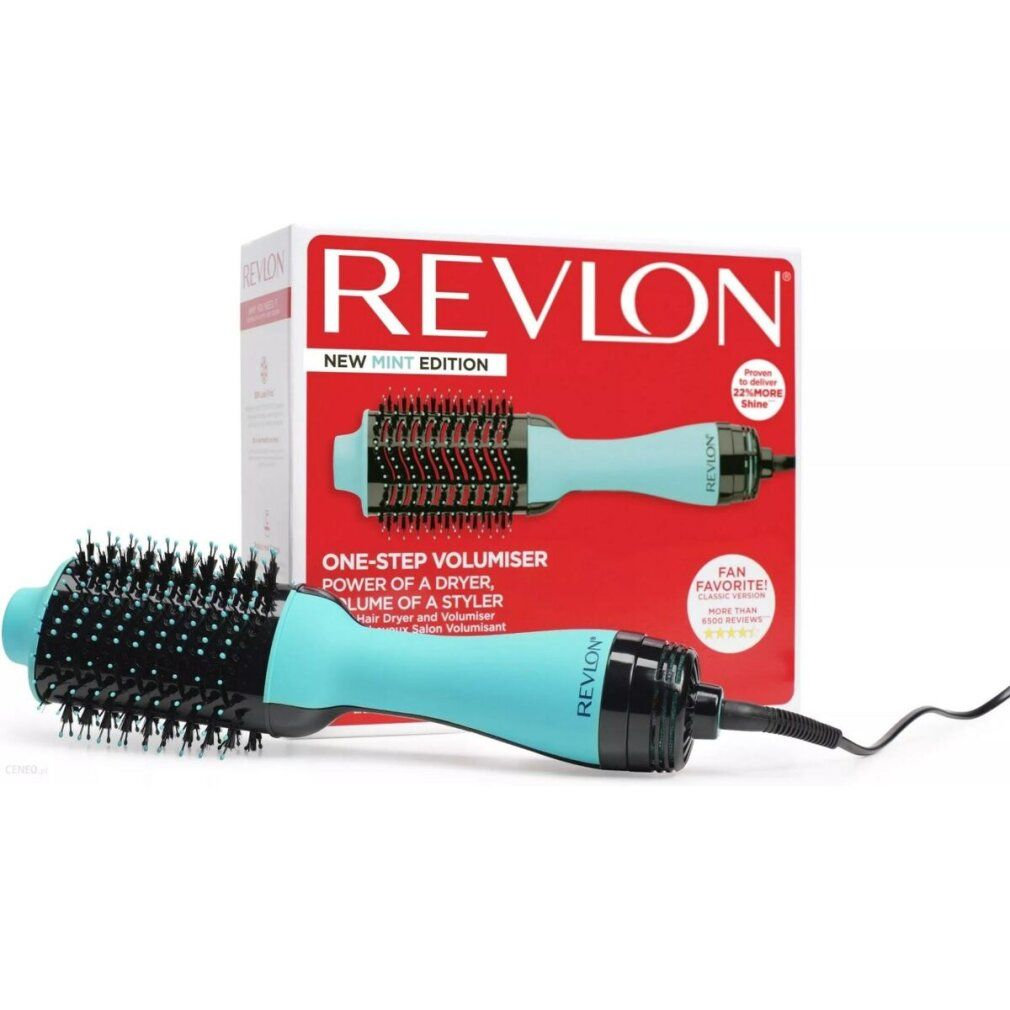 Produktverpackung mit Haartrockner und Volumizer. REVON-Logo und Produktname. Mint-Edition.
