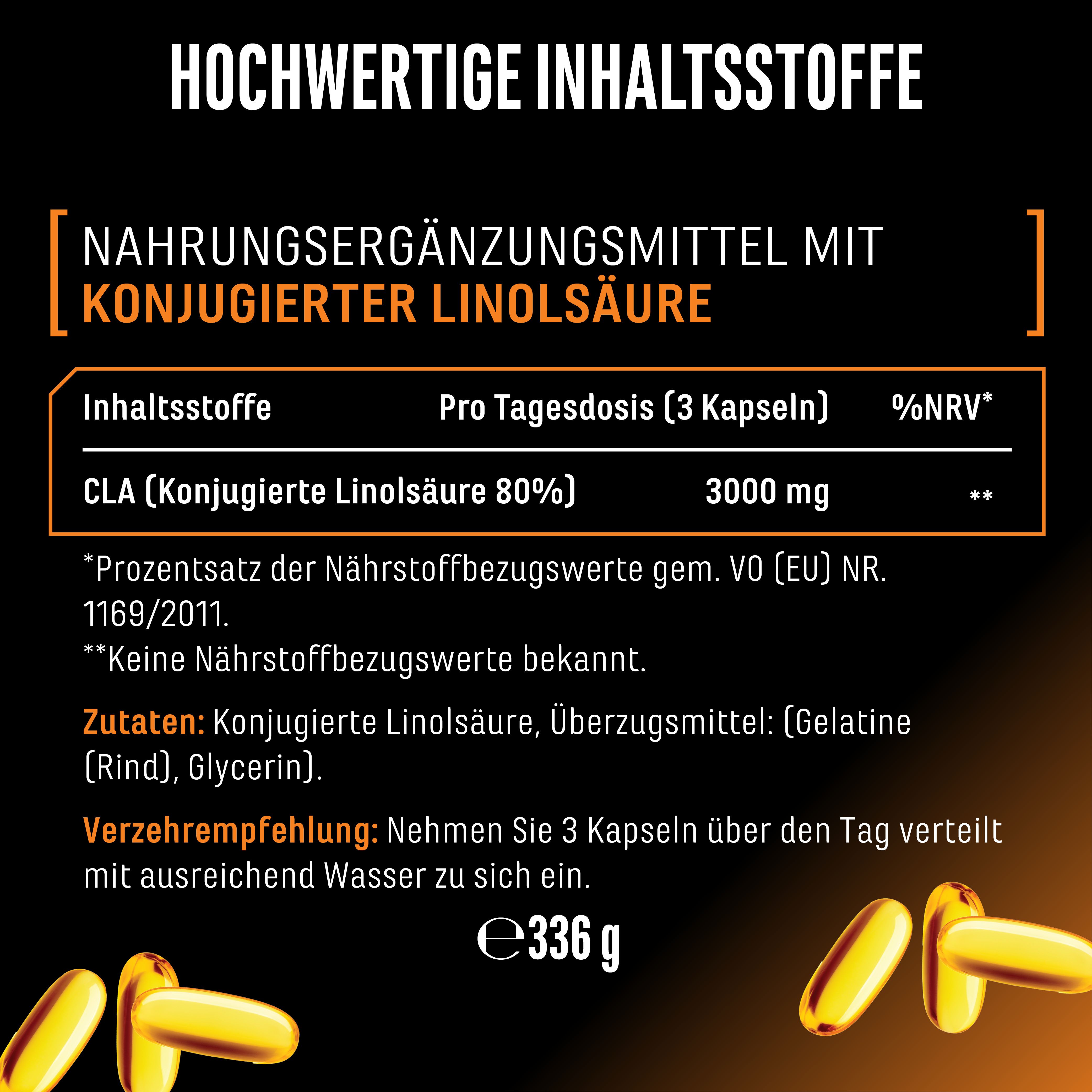 Nährwertangaben für CLA 3000. Pro Tagesdosis (3 Kapseln): 3000 mg CLA (konjugierte Linolsäure 80%). Zutaten: Gelatine, Glycerin. Empfehlung: 3 Kapseln.