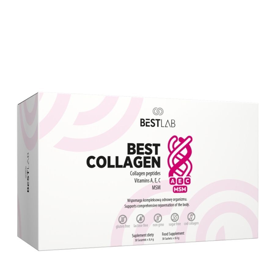 Weiße Schachtel mit rosa Akzenten. Aufschrift: BEST LAB, BEST COLLAGEN, Collagen peptides, Vitamine A, E, C, MSM. Mit Logo und Zertifizierungen.