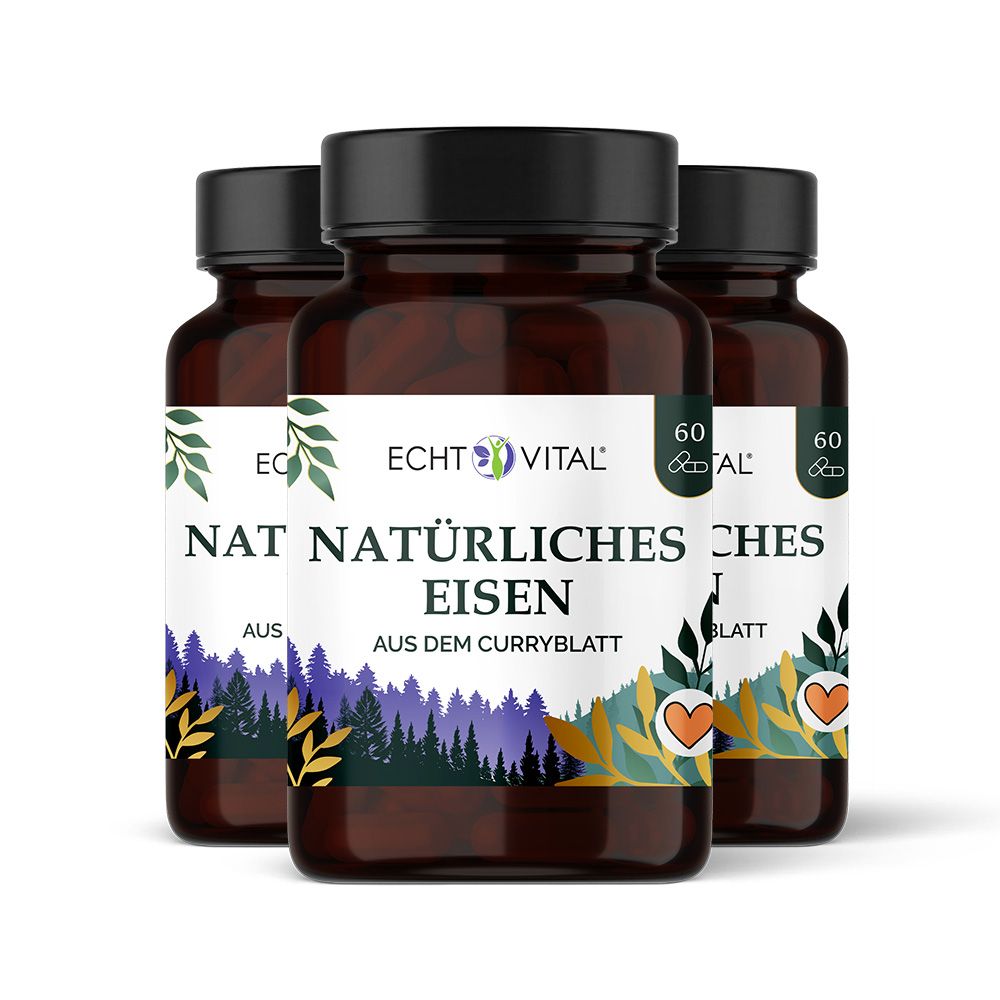 Drei braune Flaschen mit schwarzem Deckel. Aufschrift: Echt Vital, Natürliches Eisen. 60 Kapseln. Landschafts-Illustration.