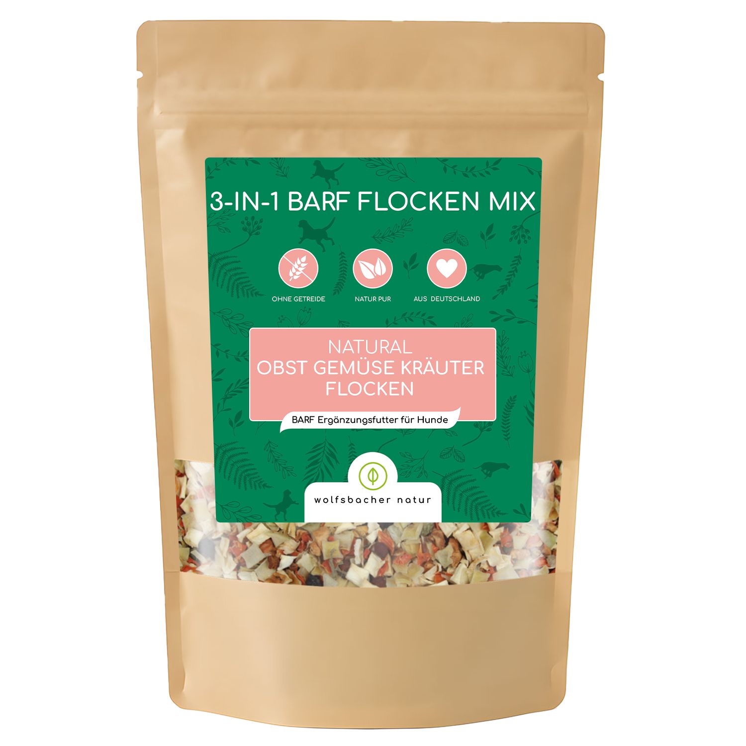 Beutel mit Flockenmix. Aufschrift: 3-in-1 BARF Flocken Mix, Natural Obst Gemüse Kräuter Flocken. Marke: Wolfsbacher Natur.