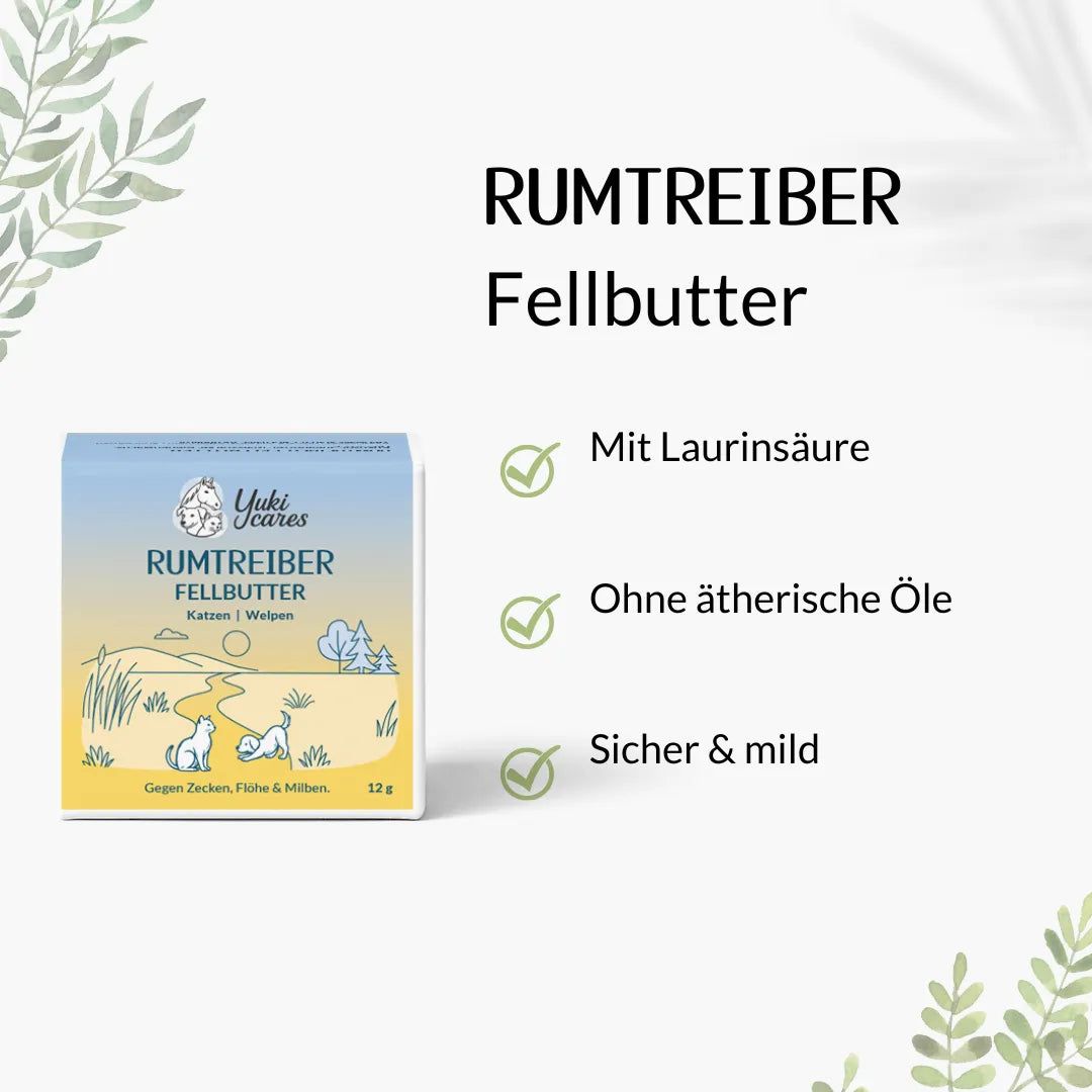 Produktverpackung mit Text: Rumtreiber Fellbutter. Text: Mit Laurinsäure, Ohne ätherische Öle, Sicher & mild. Illustrationen von Katze und Hund.