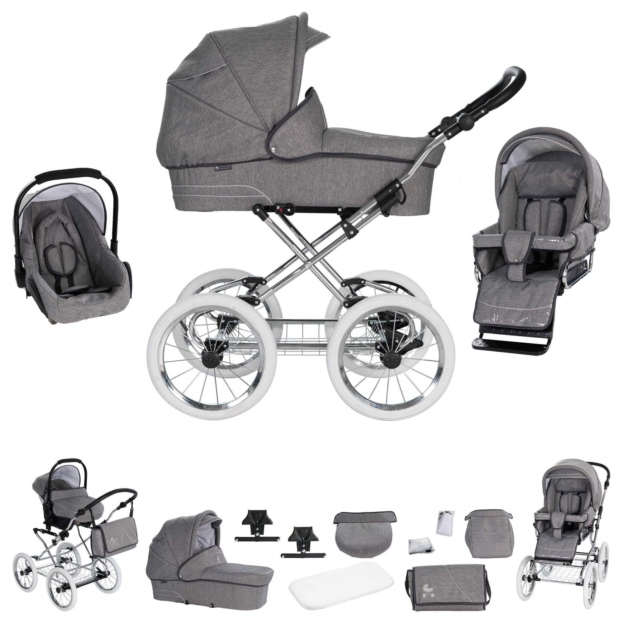 Friedrich Hugo München 3 in 1 Kinderwagen Set Nostalgie Kinderwagen, Anthrazit Chrom Weiß