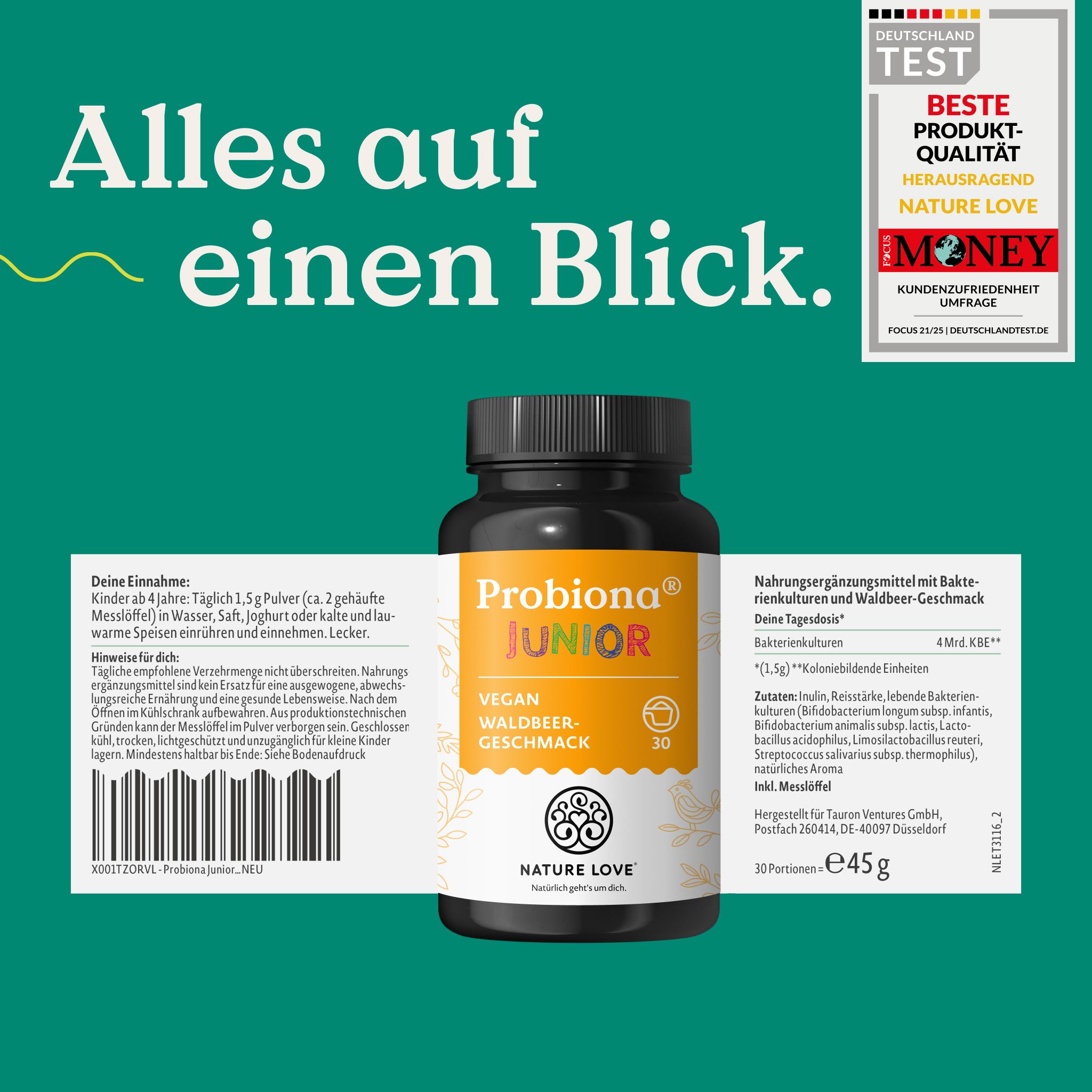 Dose Probiona Junior, mit Etiketten und Siegeln: Beste Produktqualität.