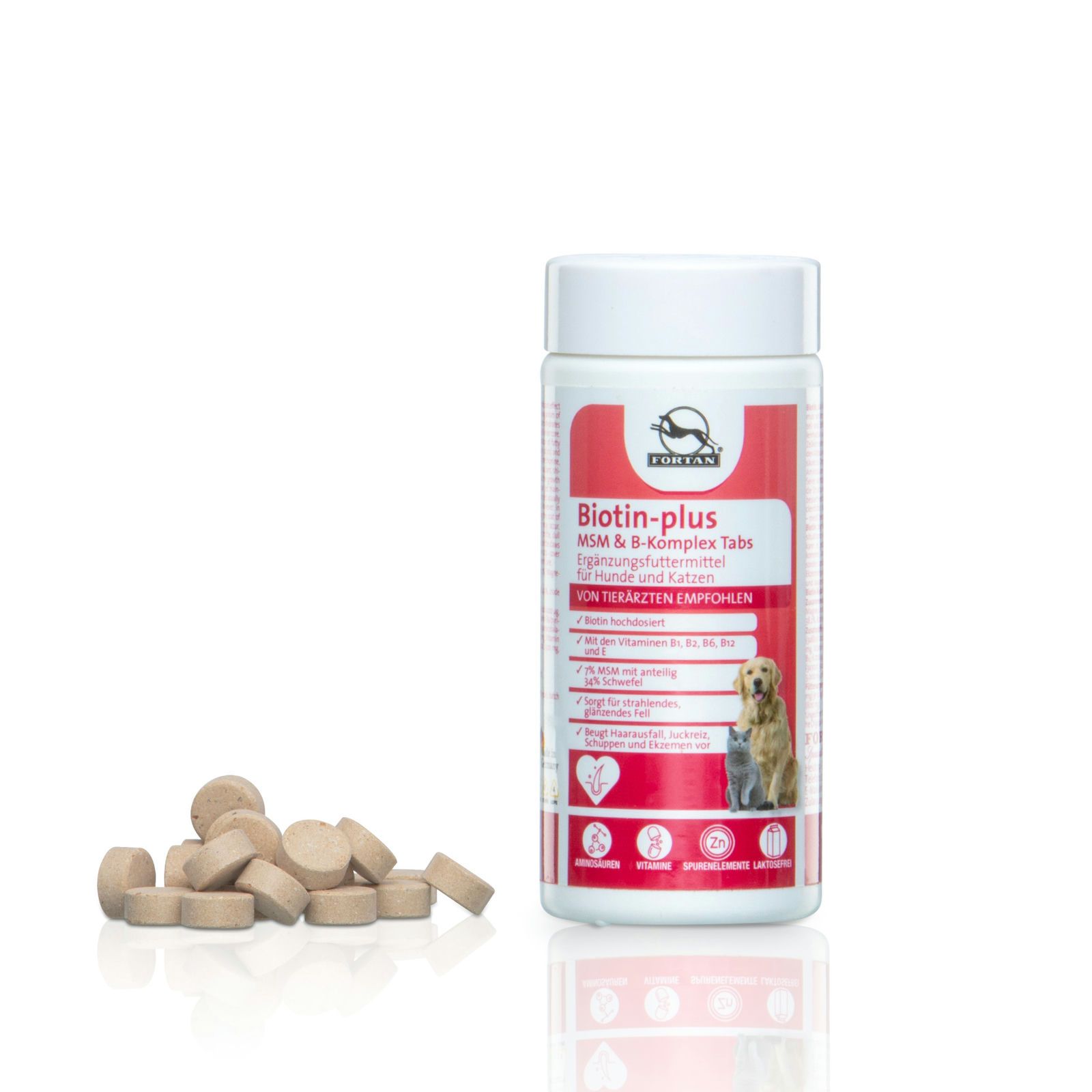 Weiße Flasche mit rotem Etikett und Tabletten daneben. Text: Biotin-plus, MSM & B-Komplex Tabs. Für Hunde und Katzen. Von Tierärzten empfohlen.