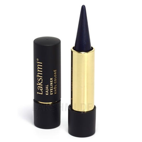 Dunkelblauer Kajal-Eyeliner. Schwarze Hülse mit goldfarbenem Mittelteil. Aufschrift: Lakshmi, Kajal Eyeliner, Khôl Coloré.