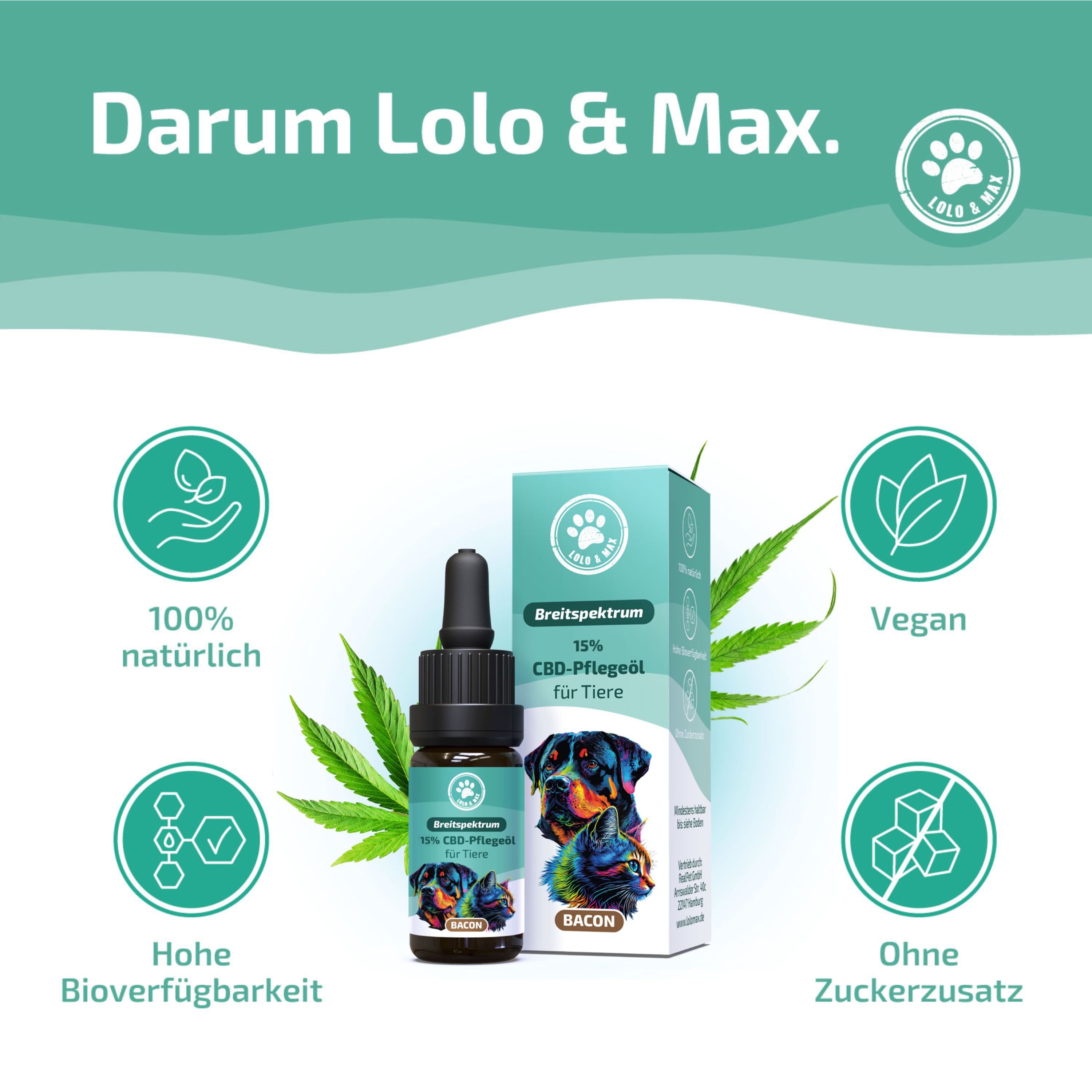 CBD-Öl-Flasche und -Verpackung. Text: Breitspektrum, 15% CBD-Pflegeöl für Tiere, 100% natürlich, vegan.