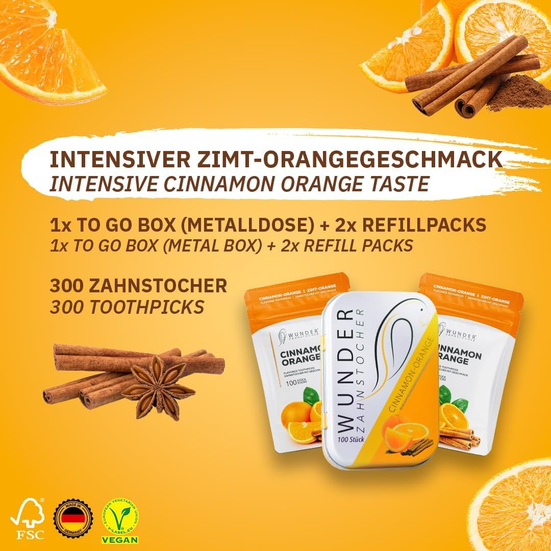 Zahnstocher-Set mit Metallbox, 2 Nachfüllpackungen. 300 Zahnstocher. Zimtstangen, Sternanis, Orangen.