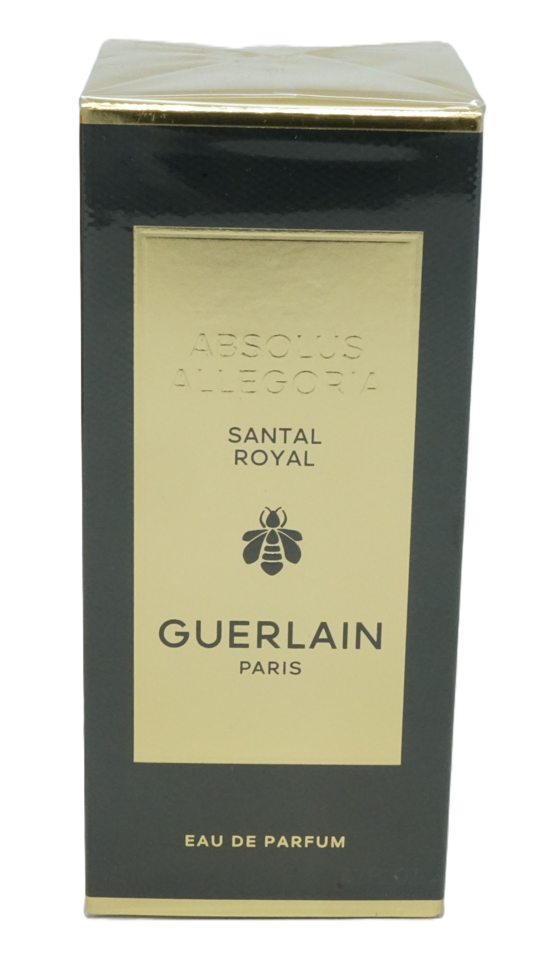 Schwarzer rechteckiger Karton mit goldfarbener Front. Text: ABSOLUS ALLEGORIA, SANTAL ROYAL, Biene, GUERLAIN PARIS, Eau de Parfum.