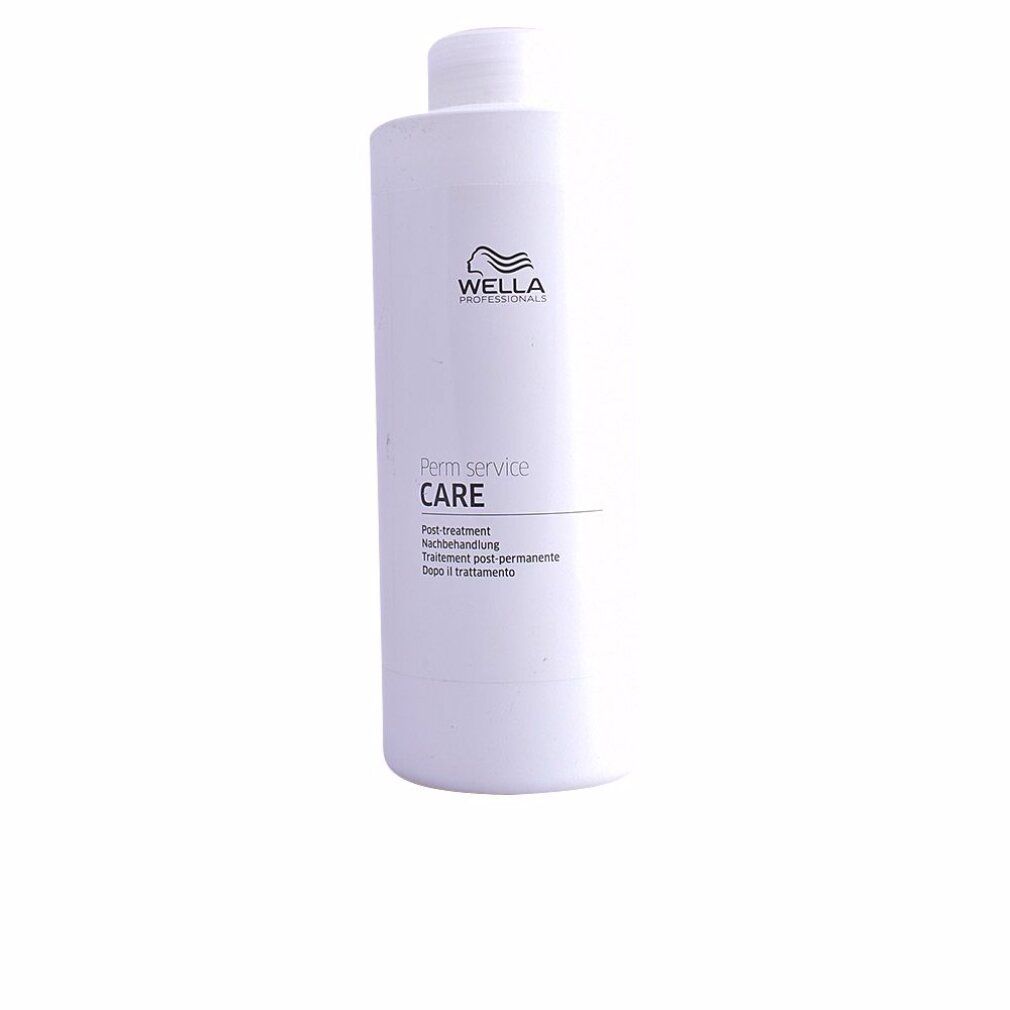 Weiße Flasche mit Wella-Logo und Text: Perm Service CARE. Post-treatment. Nachbehandlung. Trattamento post-permanente. Dopo il trattamento.