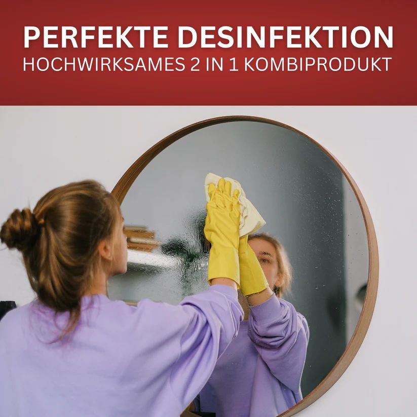Frau putzt Spiegel mit gelben Handschuhen. Text: "PERFEKTE DESINFEKTION HOCHWIRKSAMES 2 IN 1 KOMBIPRODUKT".