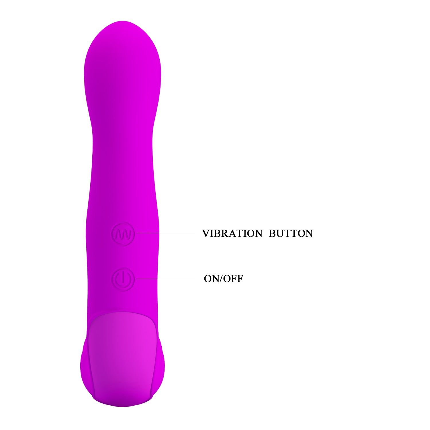 Lila Vibrator mit zwei Knöpfen. Beschriftung: Vibration Button, On/Off.