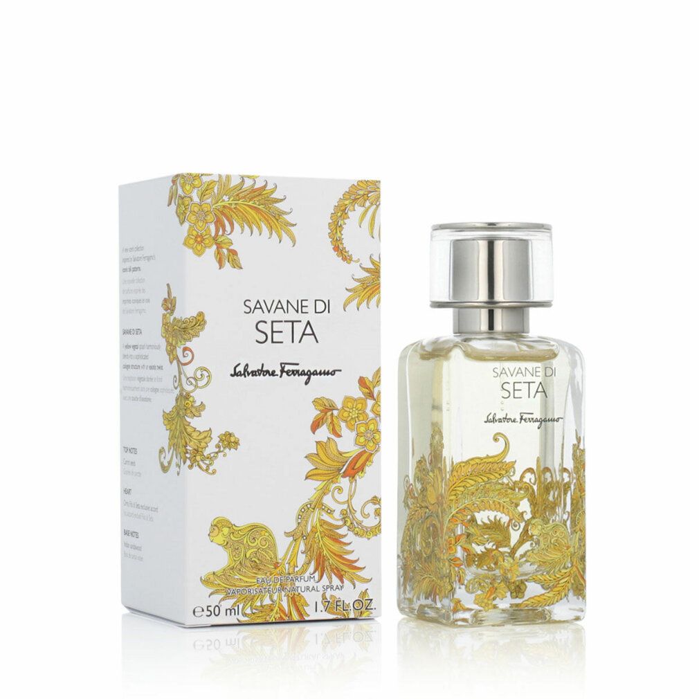 Salvatore Ferragamo Savane di Seta Eau de Parfum 50ml Flakon und Verpackung mit goldenen Verzierungen.