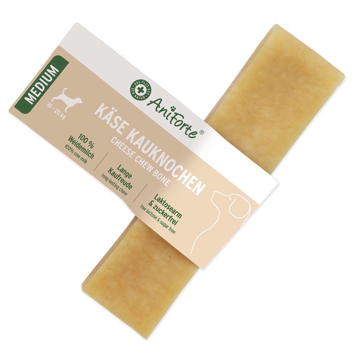 Zwei Käsekauknochen Medium mit Verpackung. Aufschrift: AniForte, Käse Kauknochen, 100% Weidemilch, 10-20 kg.
