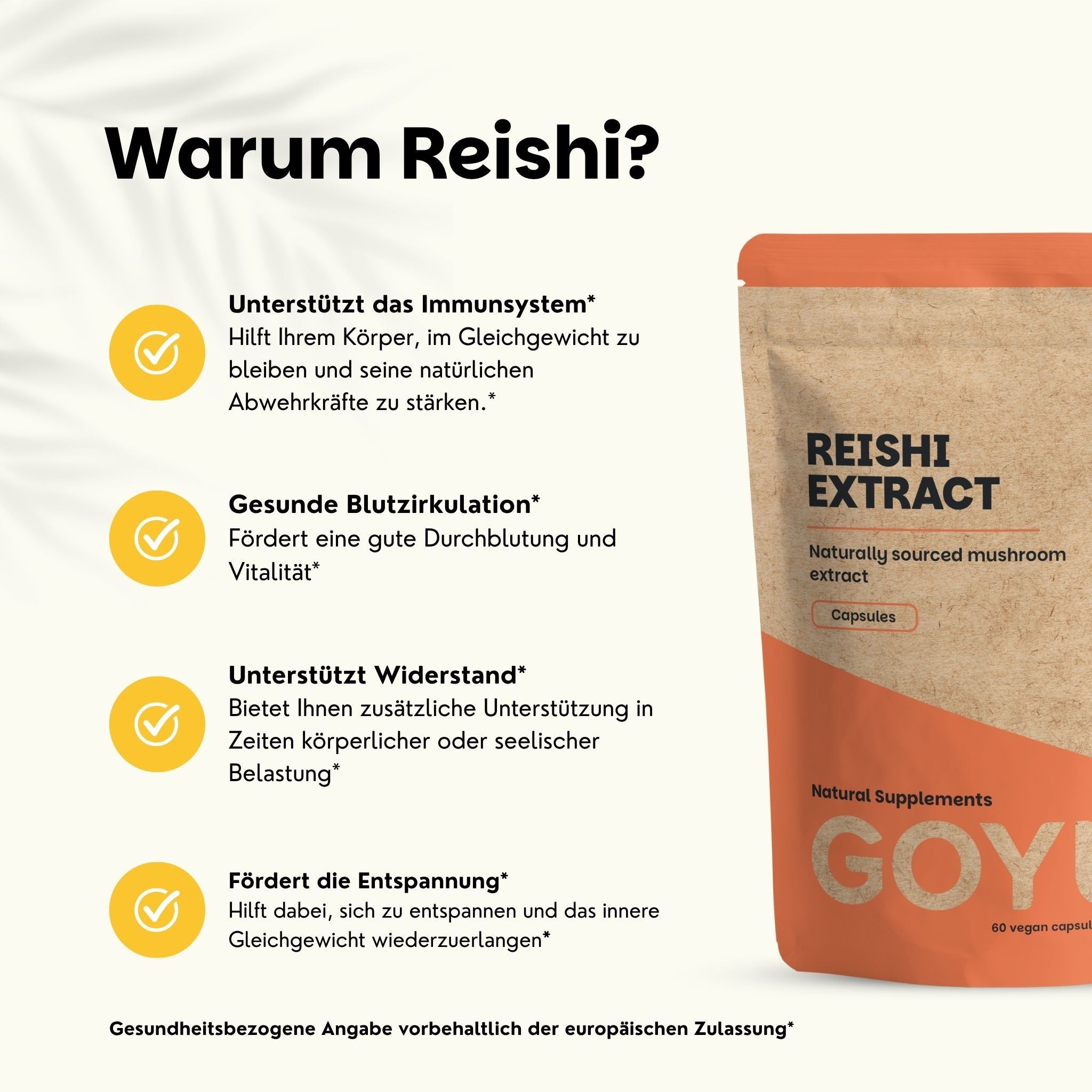 Eine Papiertüte mit Reishi-Kapseln, die die Vorteile von 100 % natürlichen und veganen Kapseln hervorhebt.