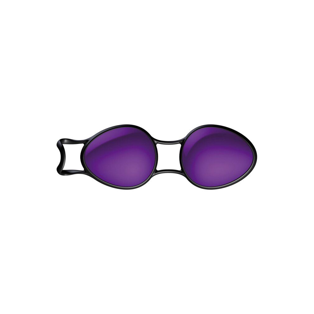 Zwei violette Kugeln mit schwarzem Band, auf weißem Hintergrund.